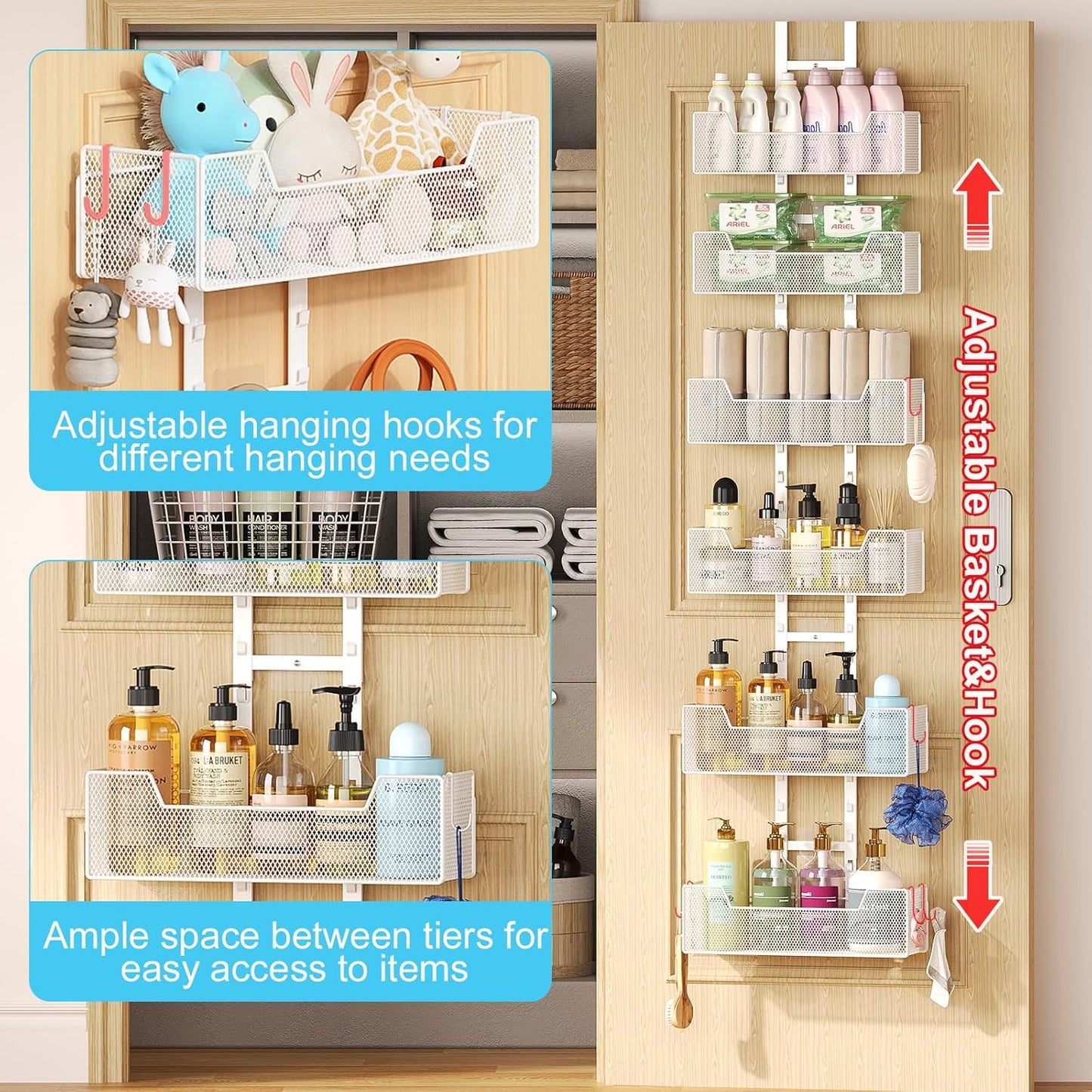 Over The Door Organizer, Metal Hanging Door Organizer with 6 Adjustable Baskets and 5 Hooks