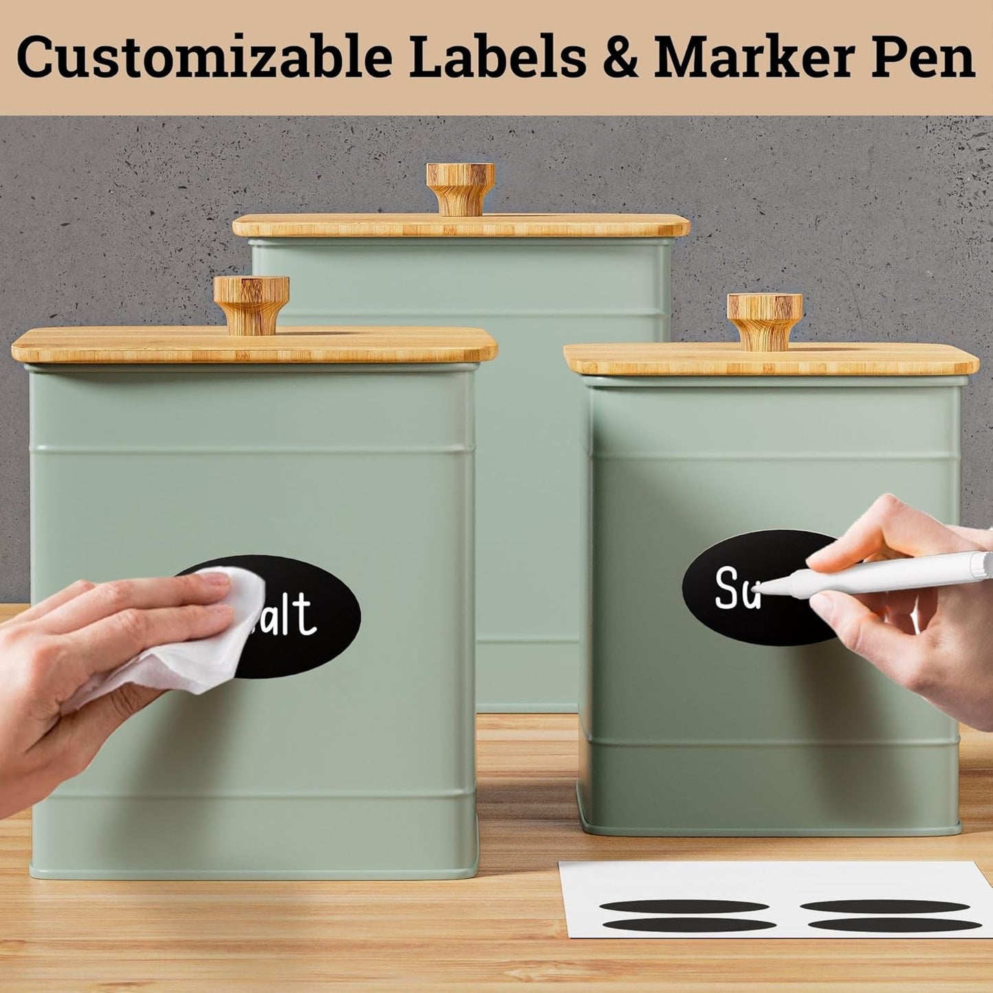 Kitchen Canisters for Countertop Set of 3 with Customizable Chalkboard Labels & Marker Pen