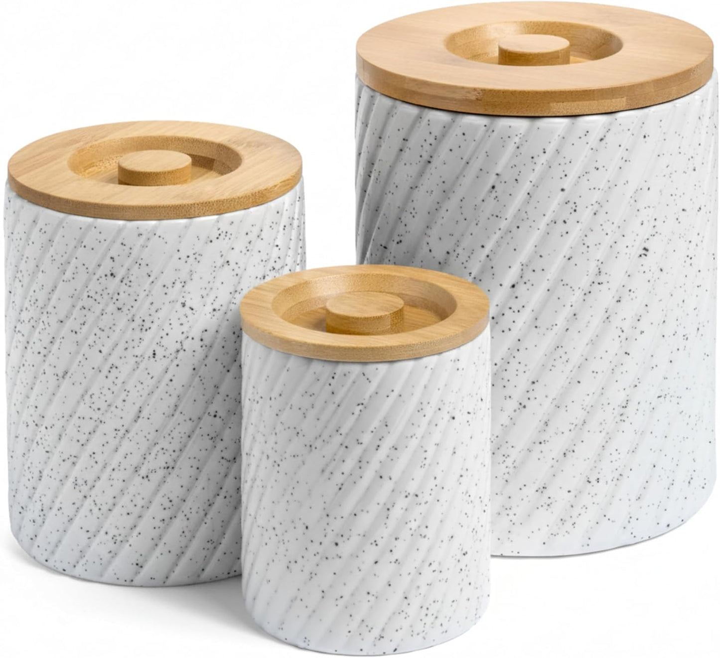 Ceramic Canister Set for Kitchen Countertop & Pantry – 3 Airtight Food Storage Containers for Flour, Sugar & More – Durable White Ceramic with Bamboo Lids