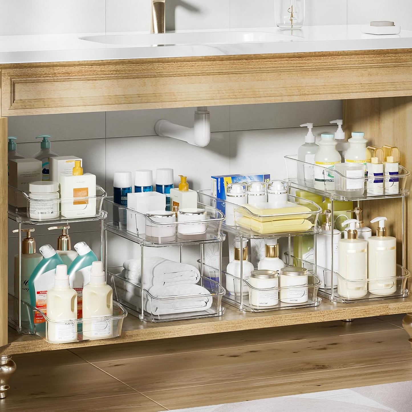 2-Tier Under Sink Organizers and Storage, Multi-Purpose Stackable Bathroom Cabinet organizers