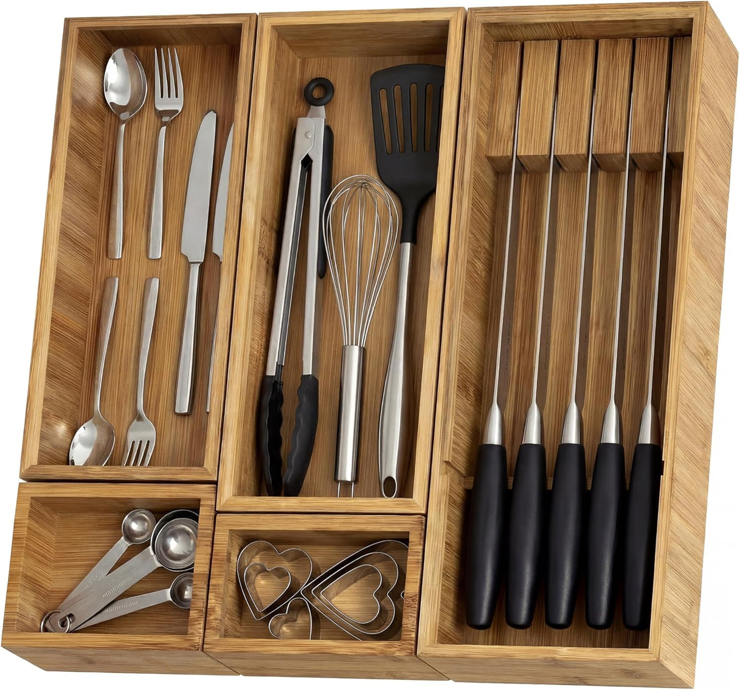 Bamboo Silverware Drawer Organizer with Knife Block