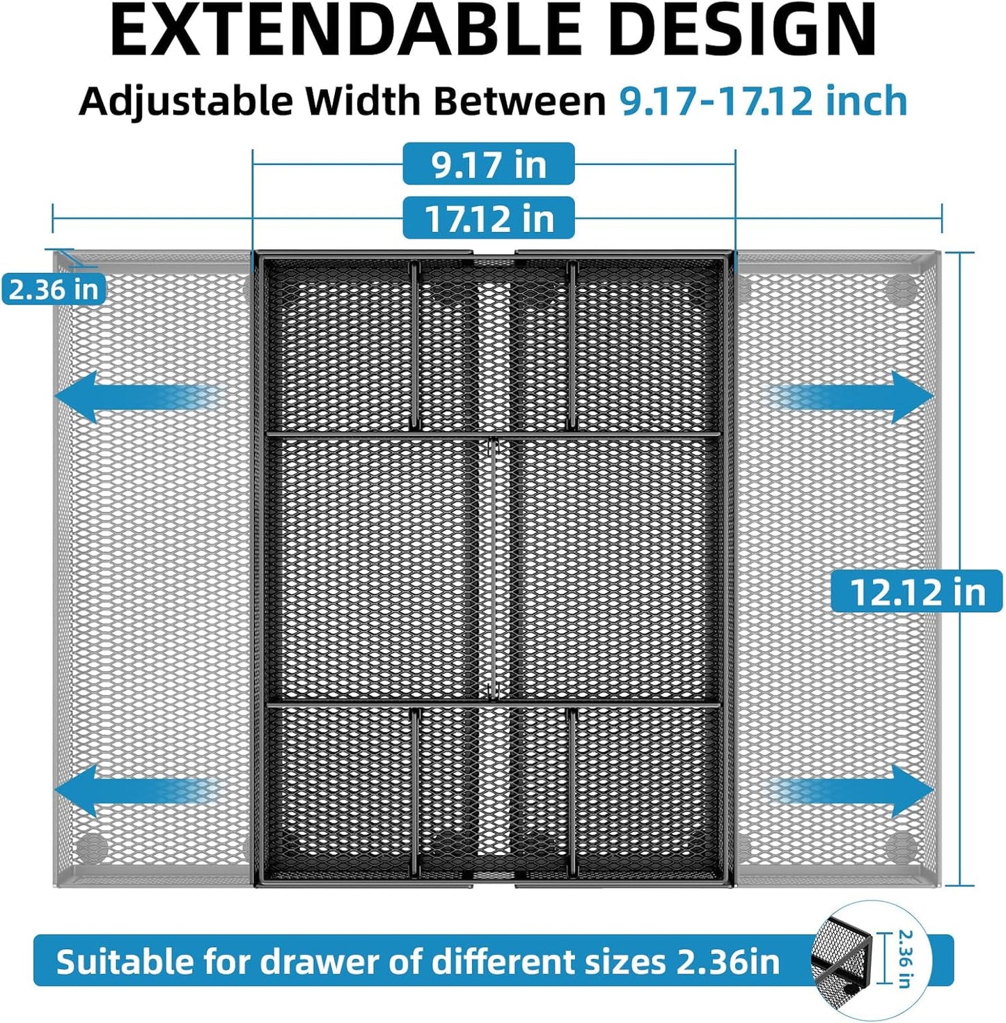 Expandable Desk Drawer Organizer, Mesh Drawer Organizer Tray with 10 Adjustable Compartments