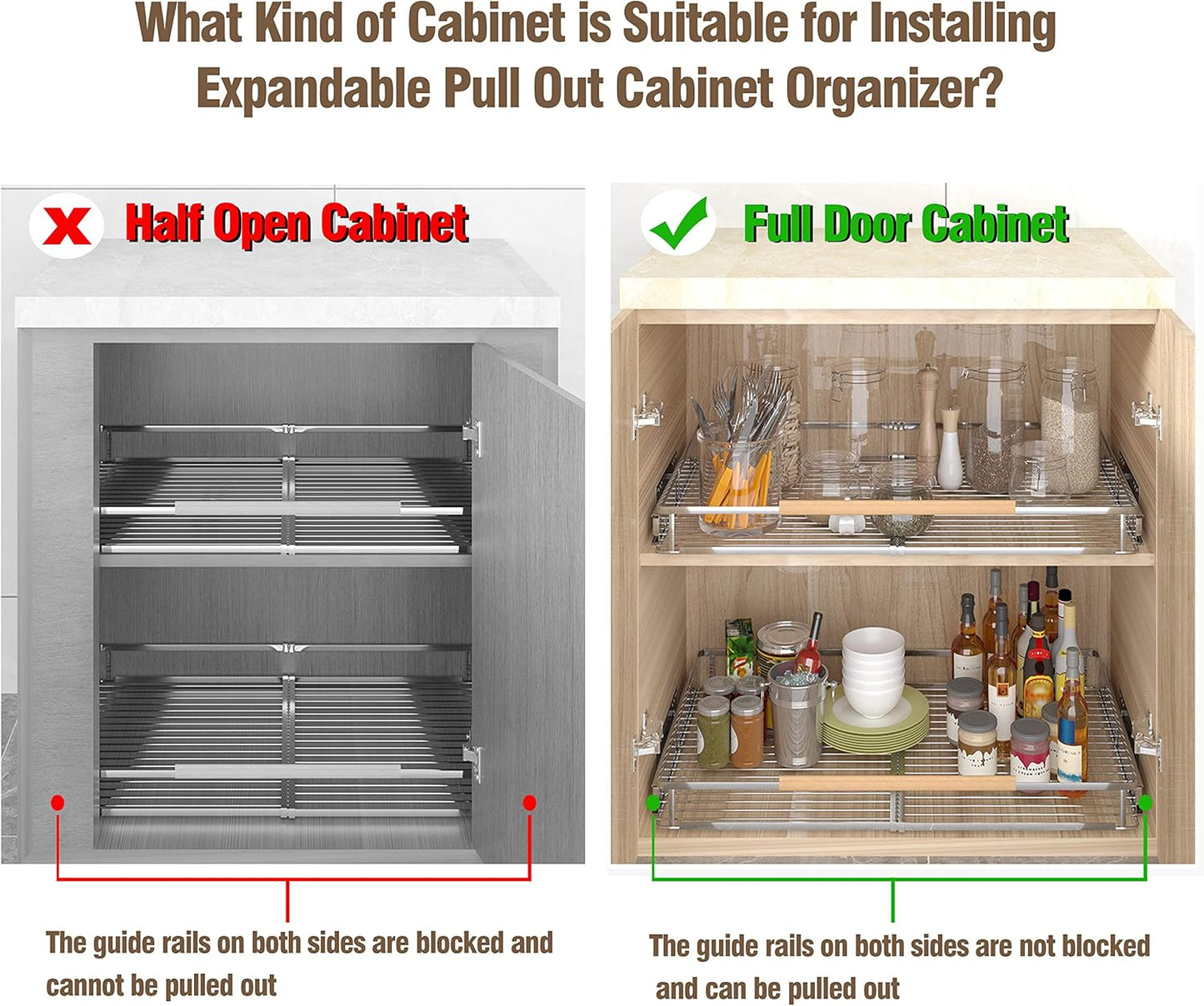 Pull Out Cabinet Organizer, 17.1~28"W x 22.5"D Expandable Pull Out Shelves for Kitchen Cabinets