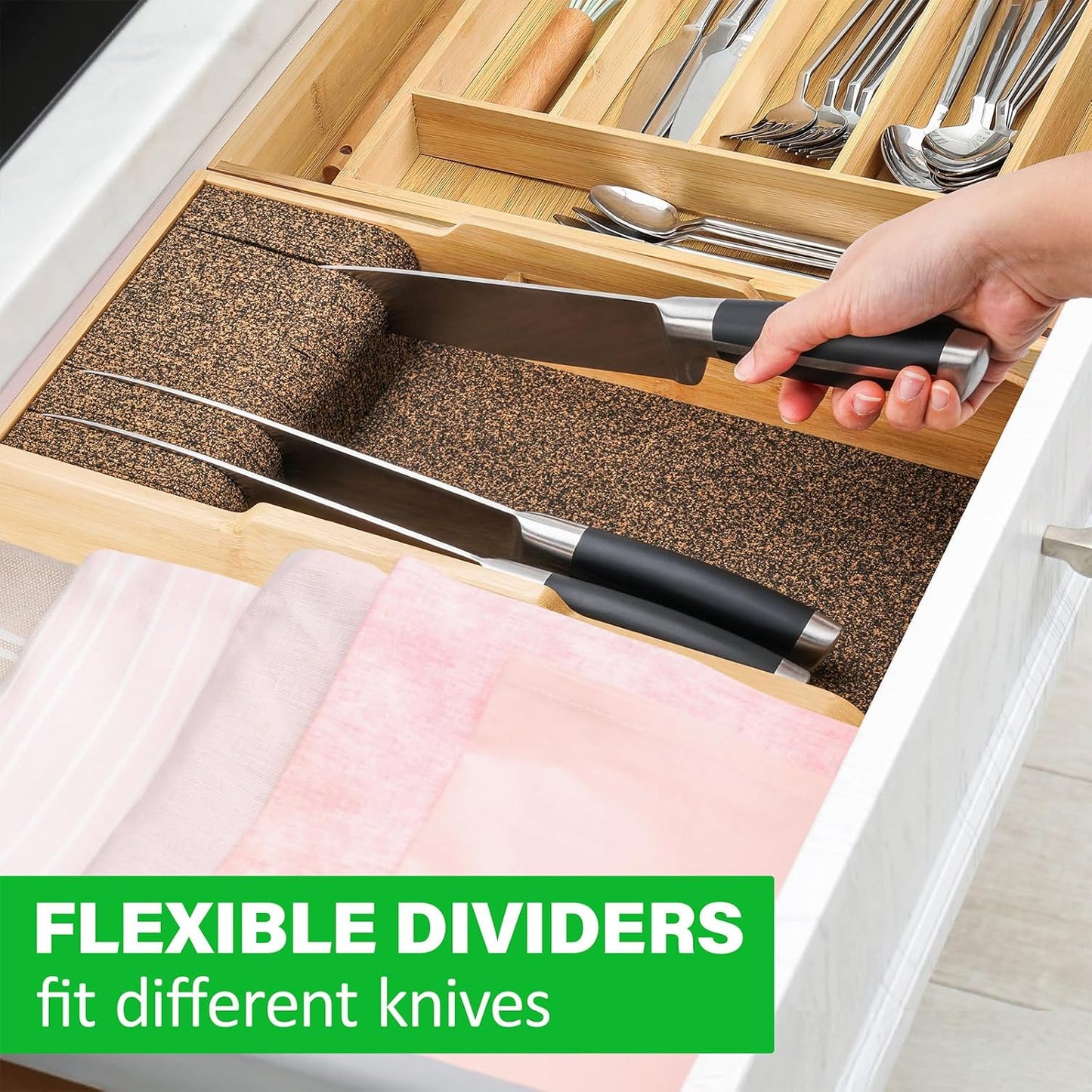 Bamboo Knife Drawer Organizer Insert - Kitchen In-Drawer Knife Block Holder