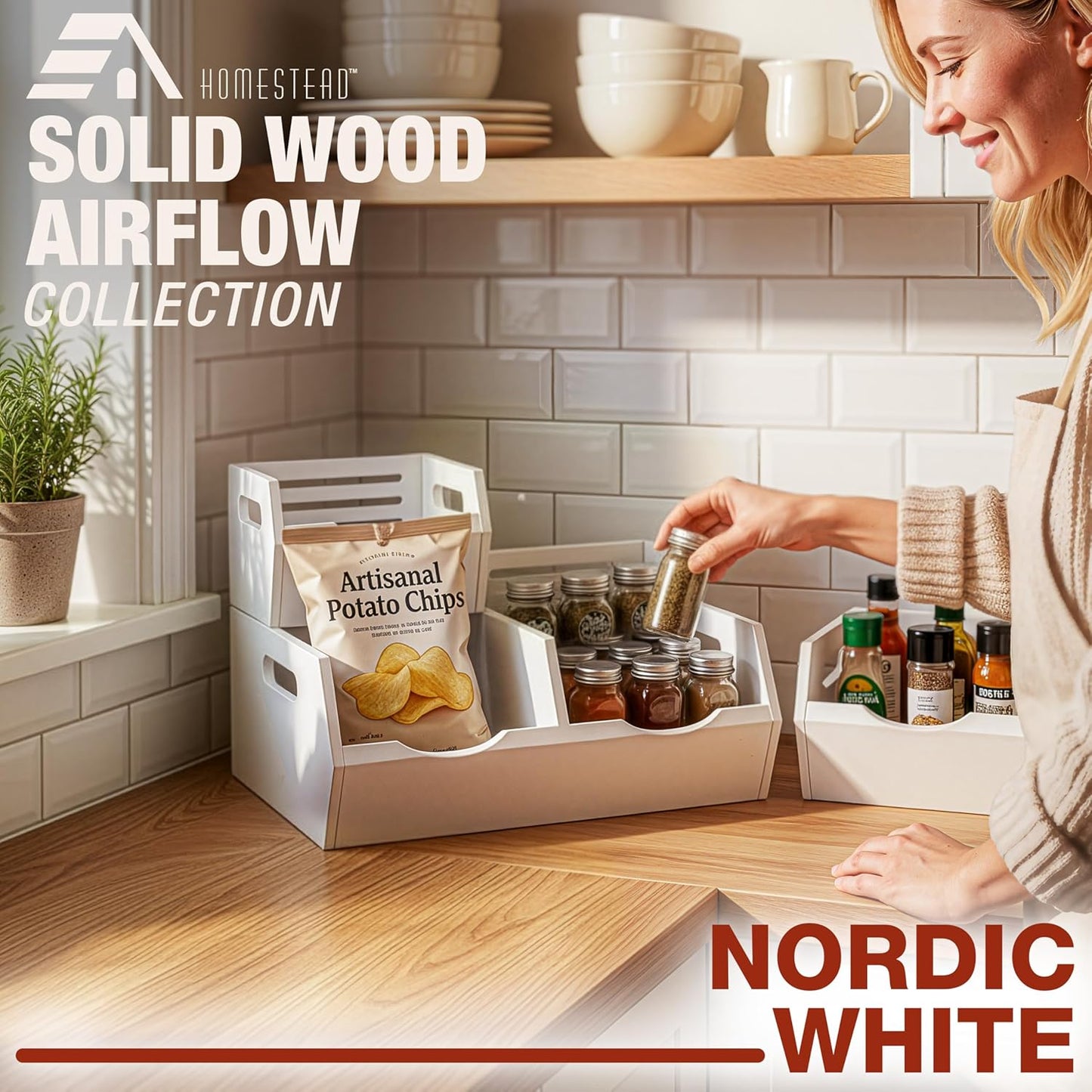 Stackable Solid Wood Storage Bins for Kitchen Pantry & Countertop