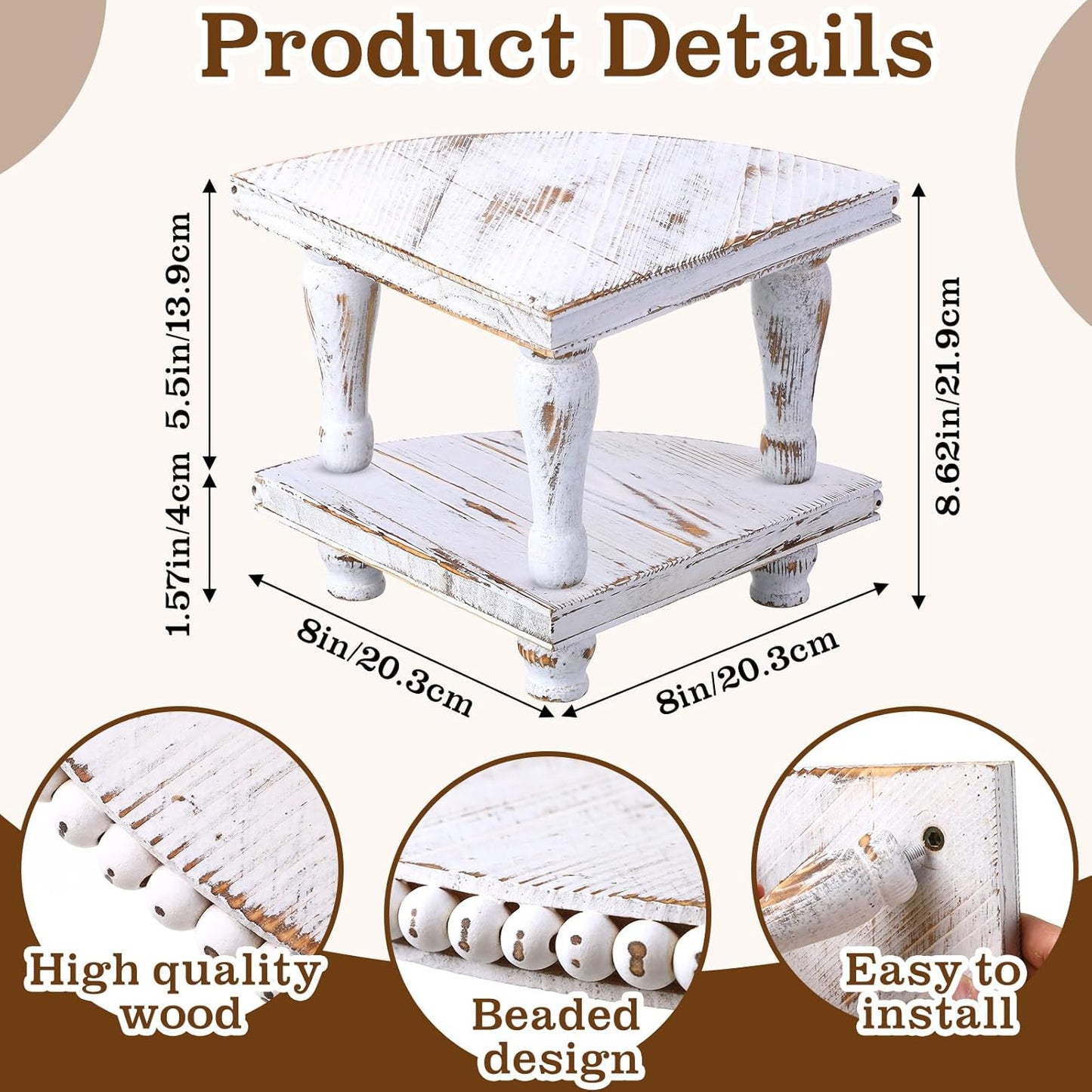 2 Tiered Corner Riser for Kitchen Counter Wood Beaded Corner Shelf White Wash Countertop Bathroom Counter Organizer Rustic Decorative Pedestal Stand with Removable Feet for Kitchen Coffee Bar