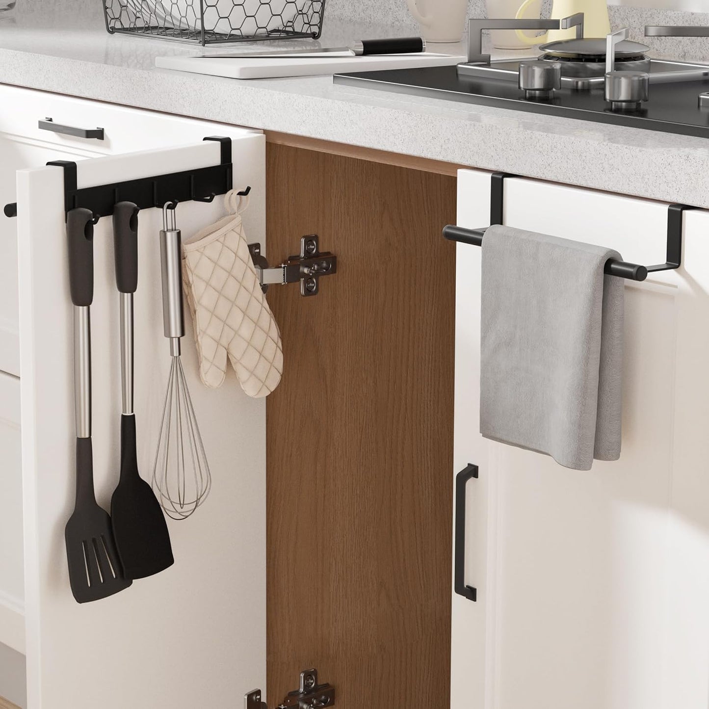 Over The Cabinet Door Towel Bar with Hooks, Kitchen Towel Holder with Hooks for Hanging Utensils