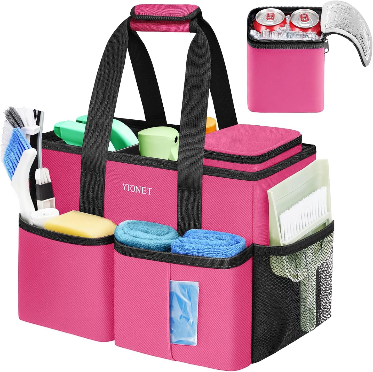 Cleaning Caddy, Water Resistant Cleaning Supplies Organizer with Handle & Foldable Divider for Cleaners, Housekeeping Tote for Kitchen & Bathroom, Car Tool Caddy Organizer Bag, Rosered