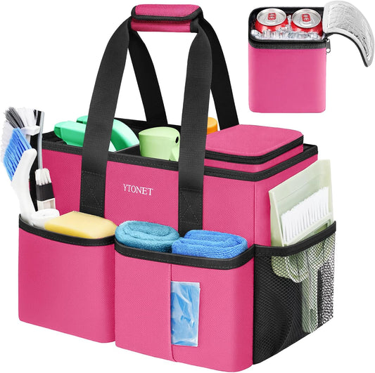 Cleaning Caddy, Water Resistant Cleaning Supplies Organizer with Handle & Foldable Divider for Cleaners, Housekeeping Tote for Kitchen & Bathroom, Car Tool Caddy Organizer Bag, Rosered