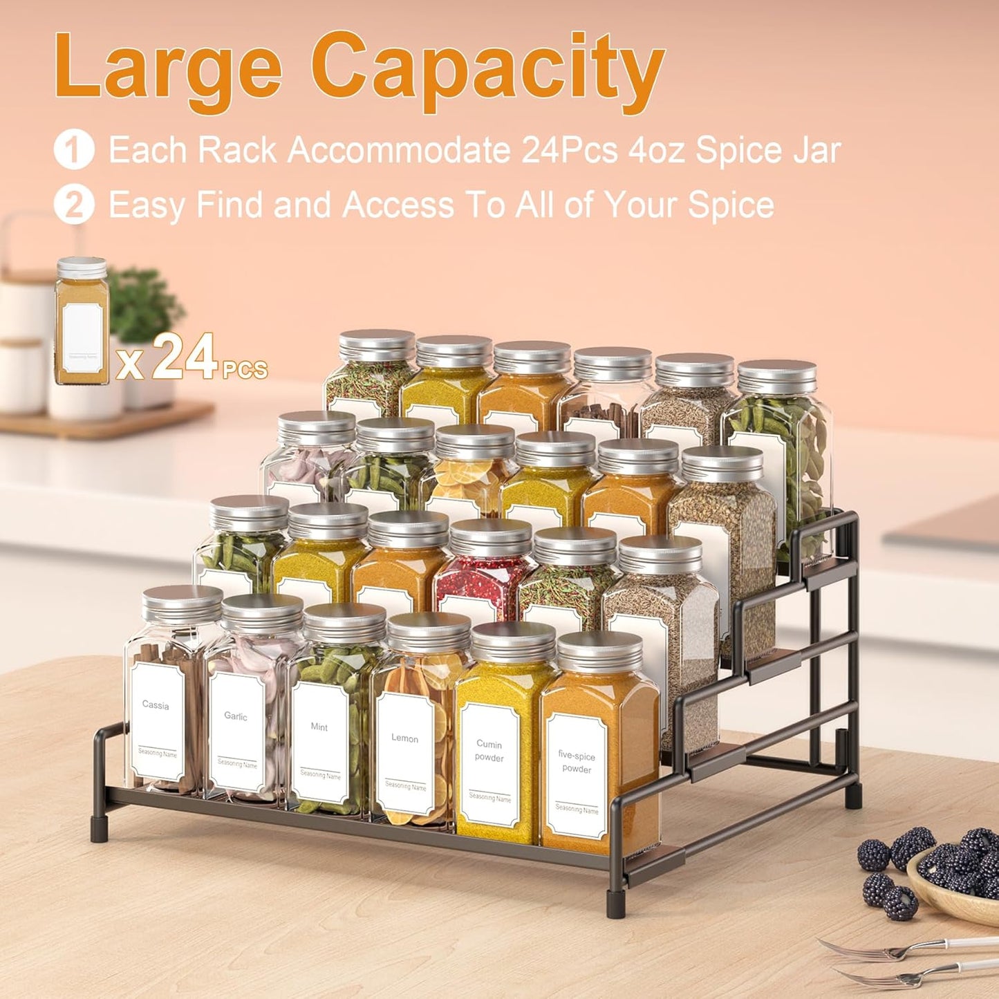 4-Tier-Spice-Rack-Organizer-for-Cabinet, Adjustable Depth Spice Holder Shelf For Countertop Pantry Cupboard, Metal Tiered Seasoning Organizer,Display Shelf Riser (Black-1 Pack)