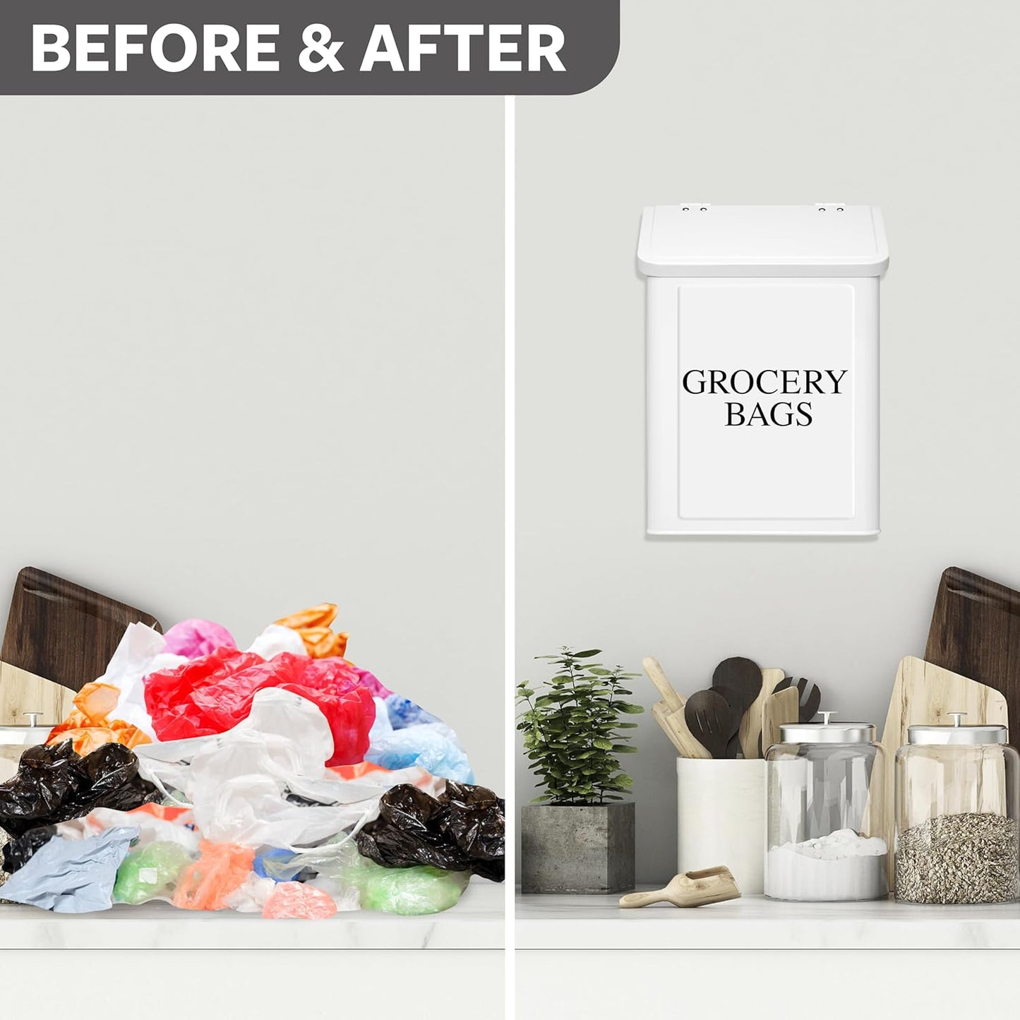 Modern Farmhouse Metal Magnetic Grocery Bags Holder for Plastic Bags with LId and Kitchen Organizer and Storage Wall Mount Grocery Bag Dispenser Space Saving, White