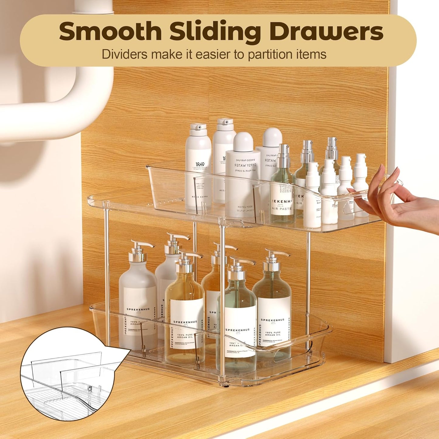 2 Tier Pull-Out Organizer for Bathroom Kitchen, Under Sink Storage with Dividers