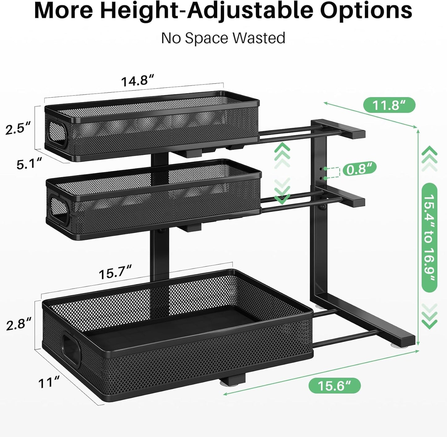 Under Sink Organizer, 2-Pack 3-Tier Height Adjustable Thickened Metal Pull out Cabinet Organizer Shelf, Slide out Storage Drawer Rack for Bathroom Kitchen Pantry Home Laundry Organization