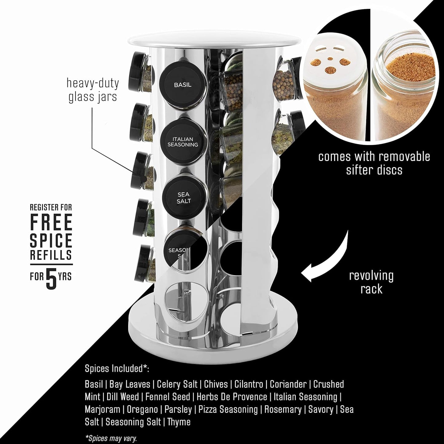 20 Jar Revolving Countertop Spice Rack with Spices Included, FREE Spice Refills for 5 Years