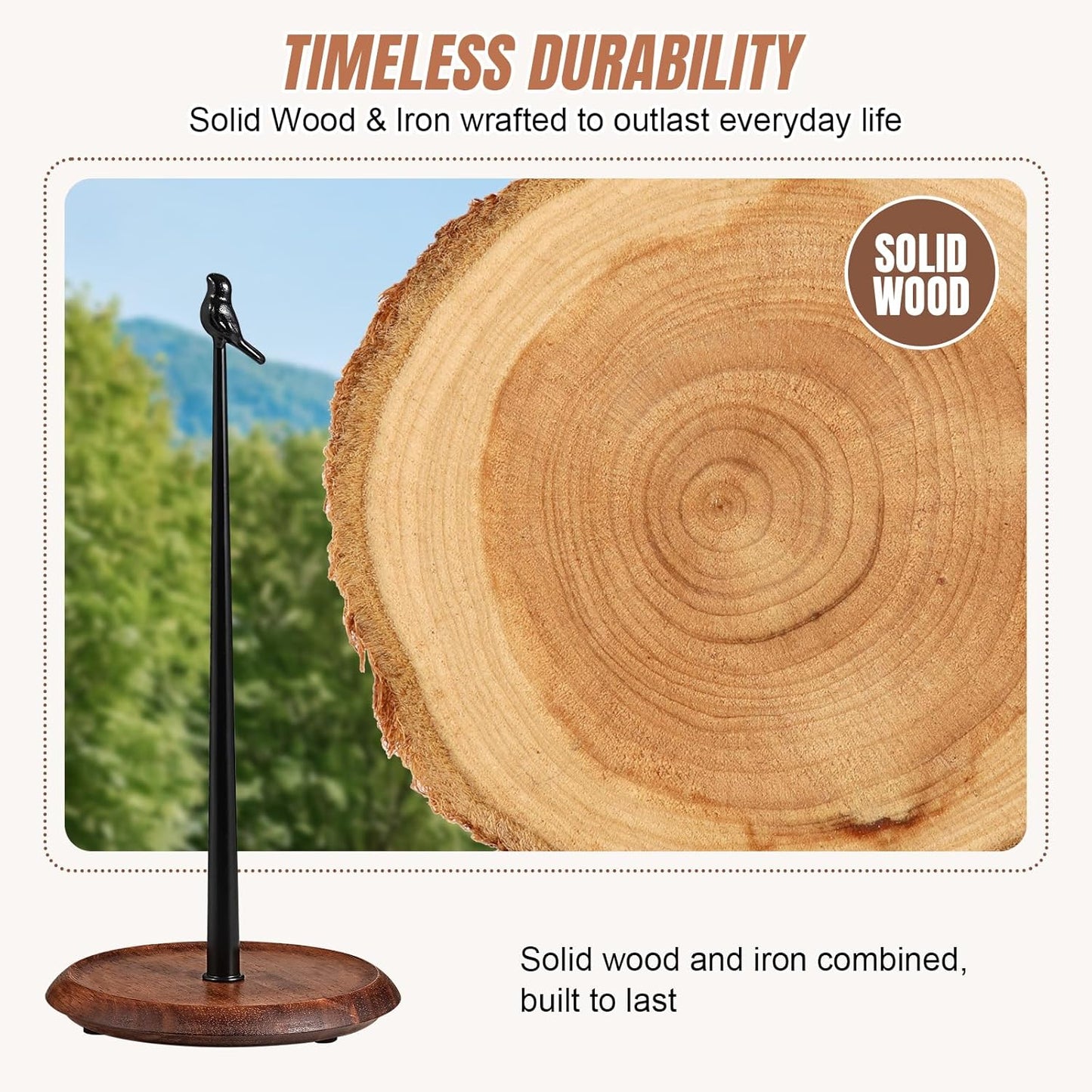 Wooden Paper Towel Holder countertop, Stylish Bird Shaped,Solid Wood Base&Iron Top