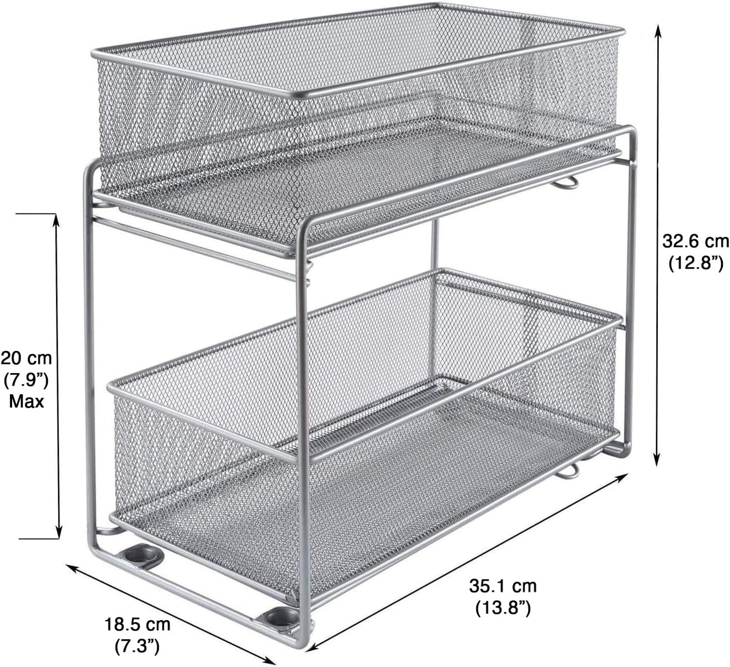 2 Tier Sliding Basket Stackable Cabinet Pull-Out Drawer Mesh Organizer for Kitchen Under Sink Storage (Silver)