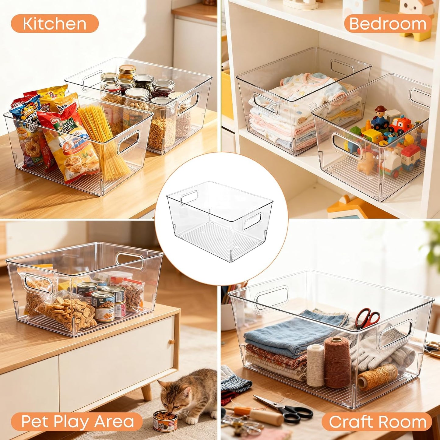 8 Pack Clear Plastic Storage Bins, 12 x 8 x 6in Stackable Pantry Organizer Cabinet Containers for Under-Sink Storage, Kitchen, Fridge, Bathroom and Home Organization