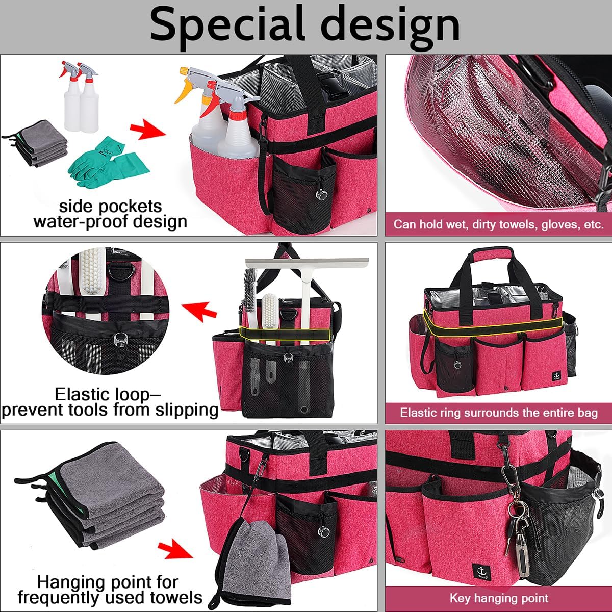 Large Cleaning Caddy Bag Built-in Sturdy Support Board, Cleaning Organizer with Detachable Divider