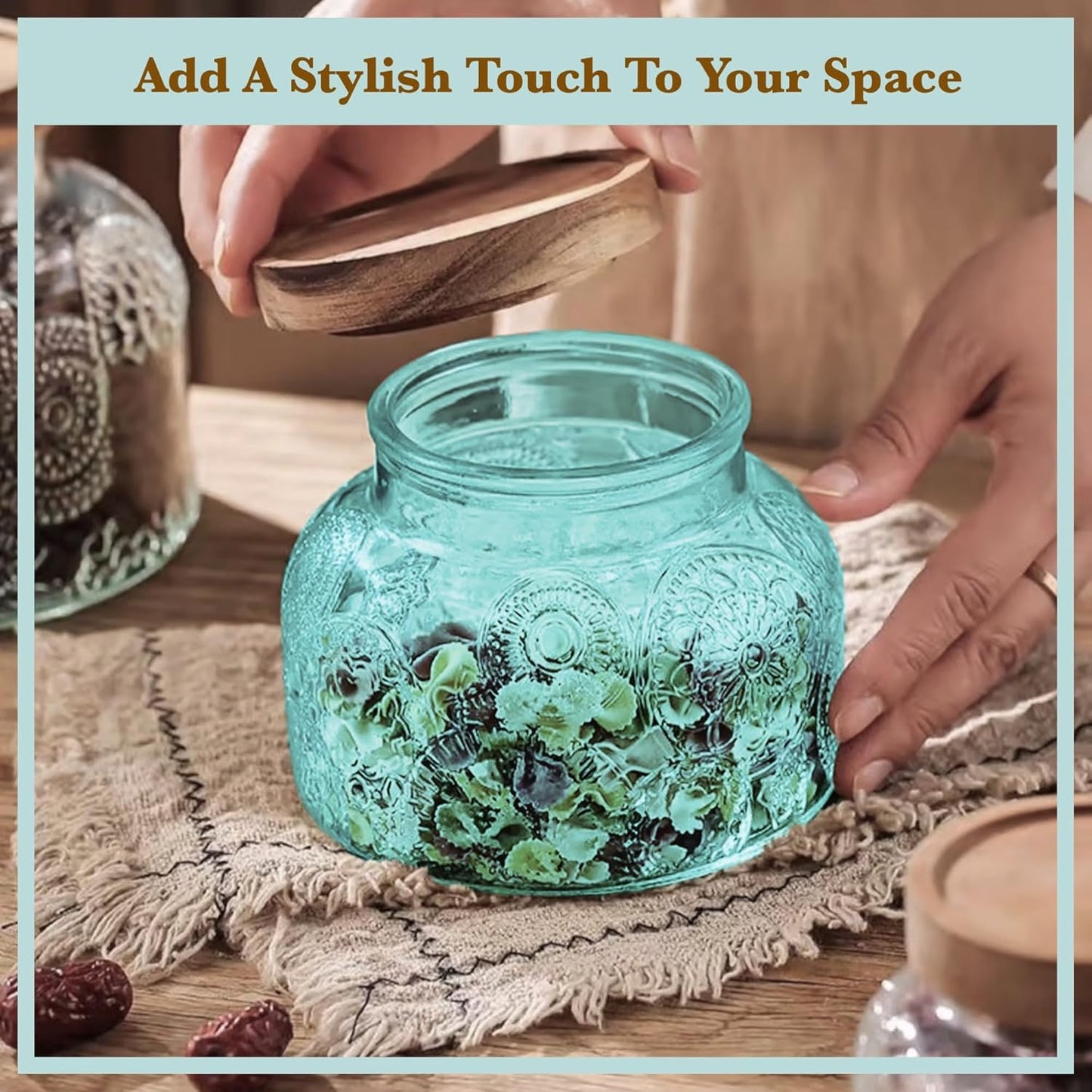 Decorative Blue Glass Storage Jar 25.4oz with Airtight Wood Lid Kitchen Canister for Coffee, Sugar