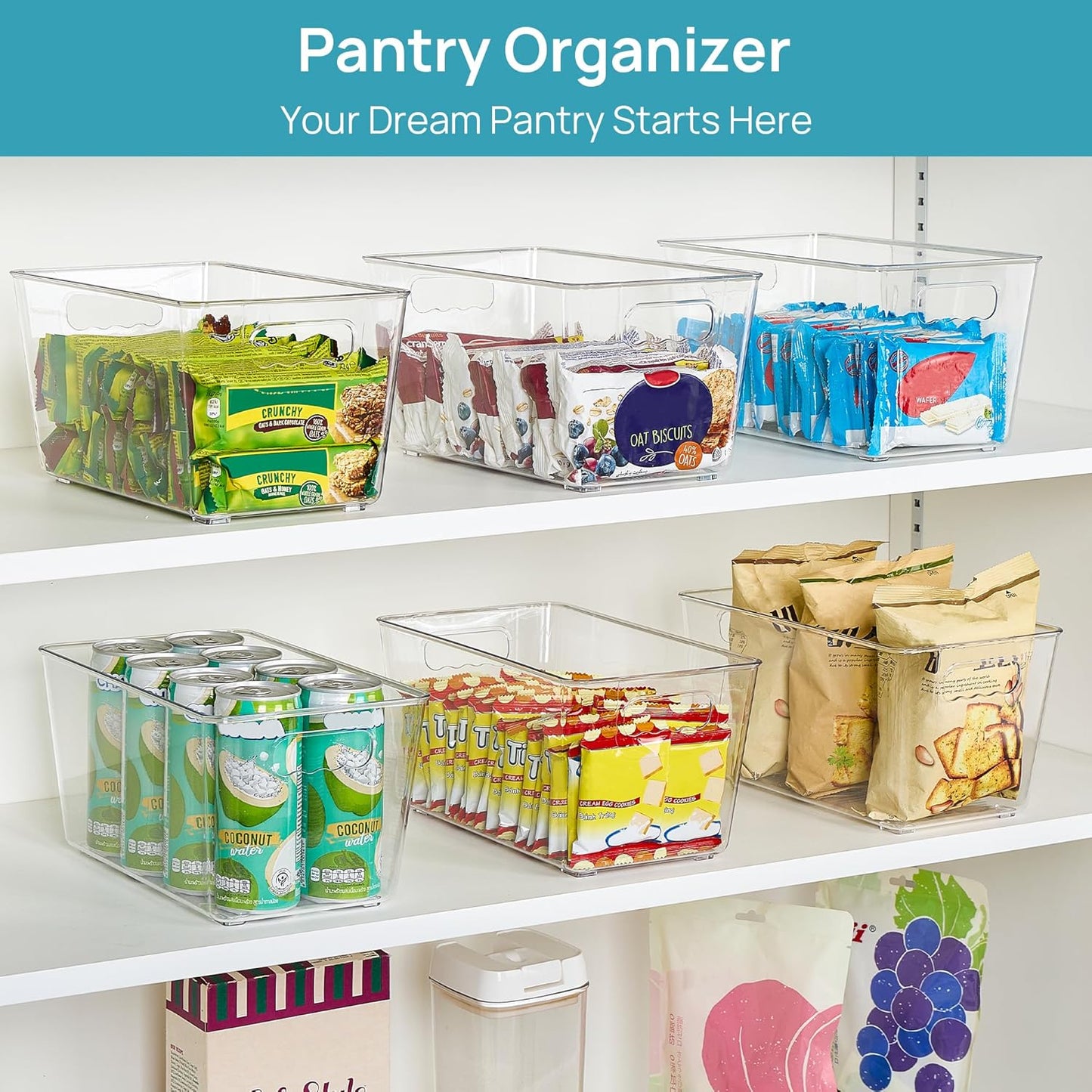 6 Pack Clear Storage Bins, Pantry Cabinet Organizer Bins with Handle for Pantry Organizer and Storage, Plastic Bins for Fridge, Cabinet, Kitchen, Countertops, Cupboard, Freezer, Medium