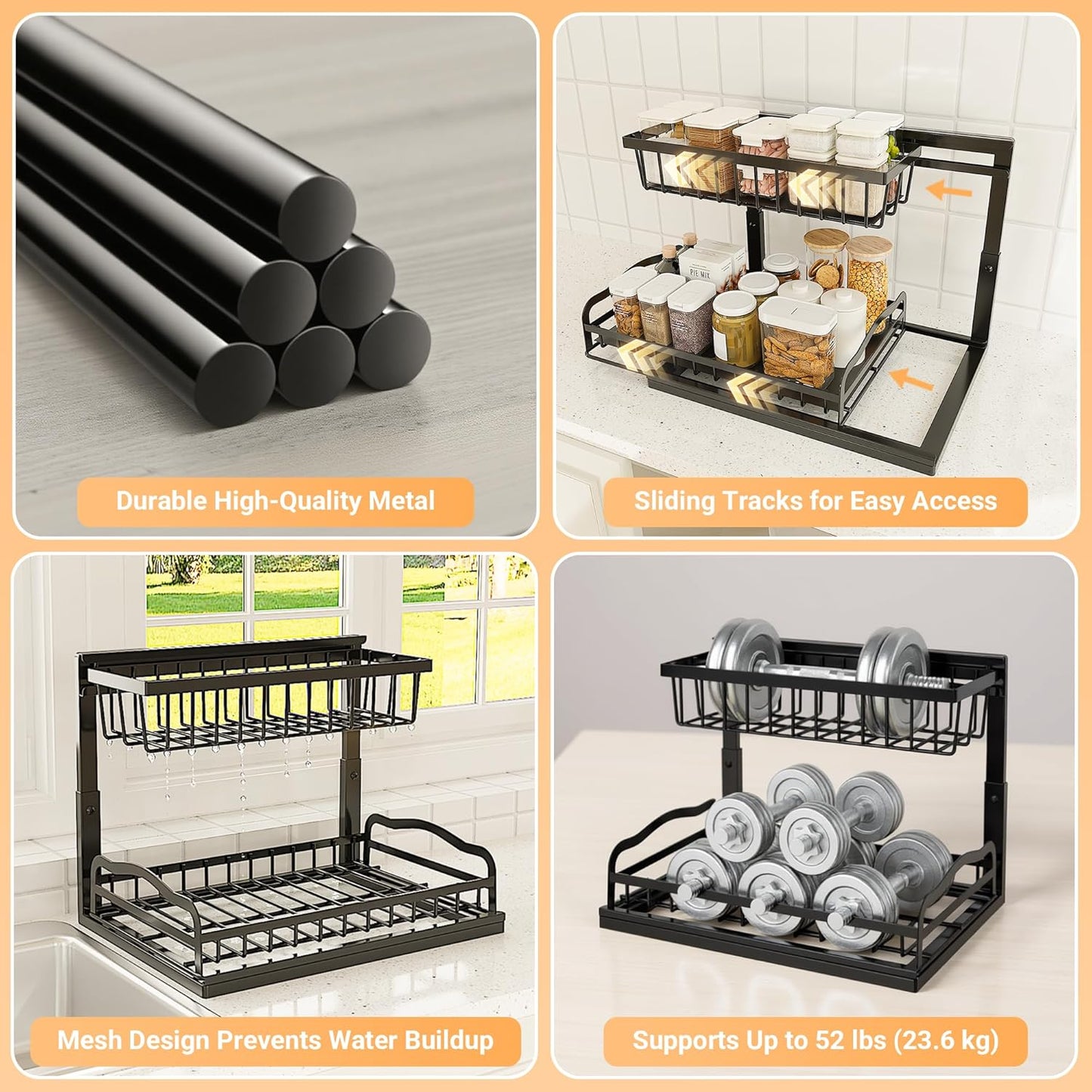 Under Sink Organizer 2 Pack, L-Shaped 2 Tier Pull Out Cabinet Organizer with Sliding Drawer