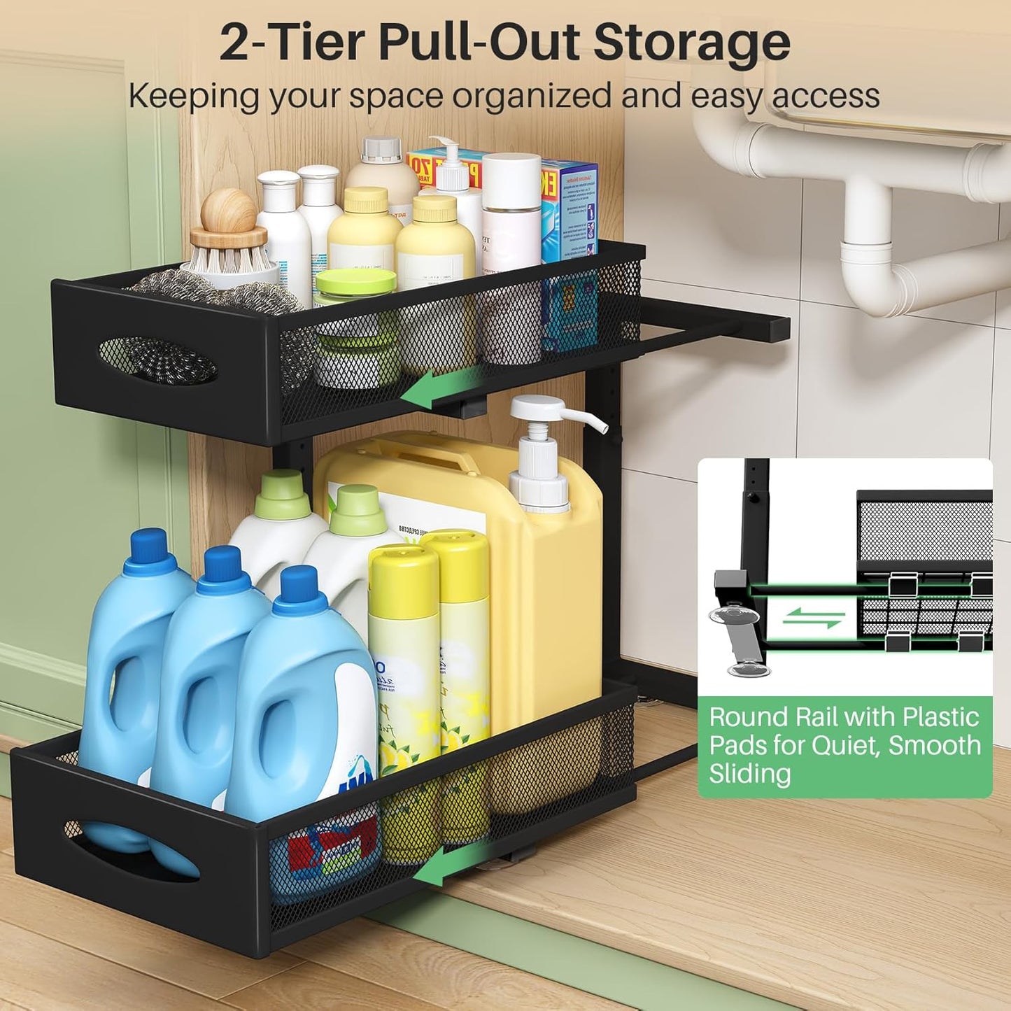 Under Sink Organizer, 2 Tier Pull out Cabinet Organizer Baskets with Mesh Sliding Drawers