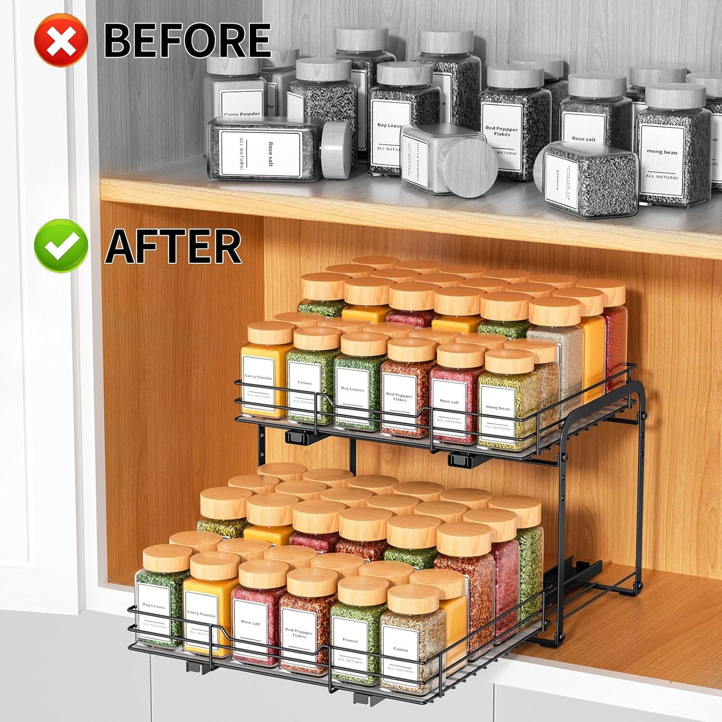 Spice Organization for Cabinet,2 Tier Pull out Spice Rack Organizer for Inside Cabinets & Pantry