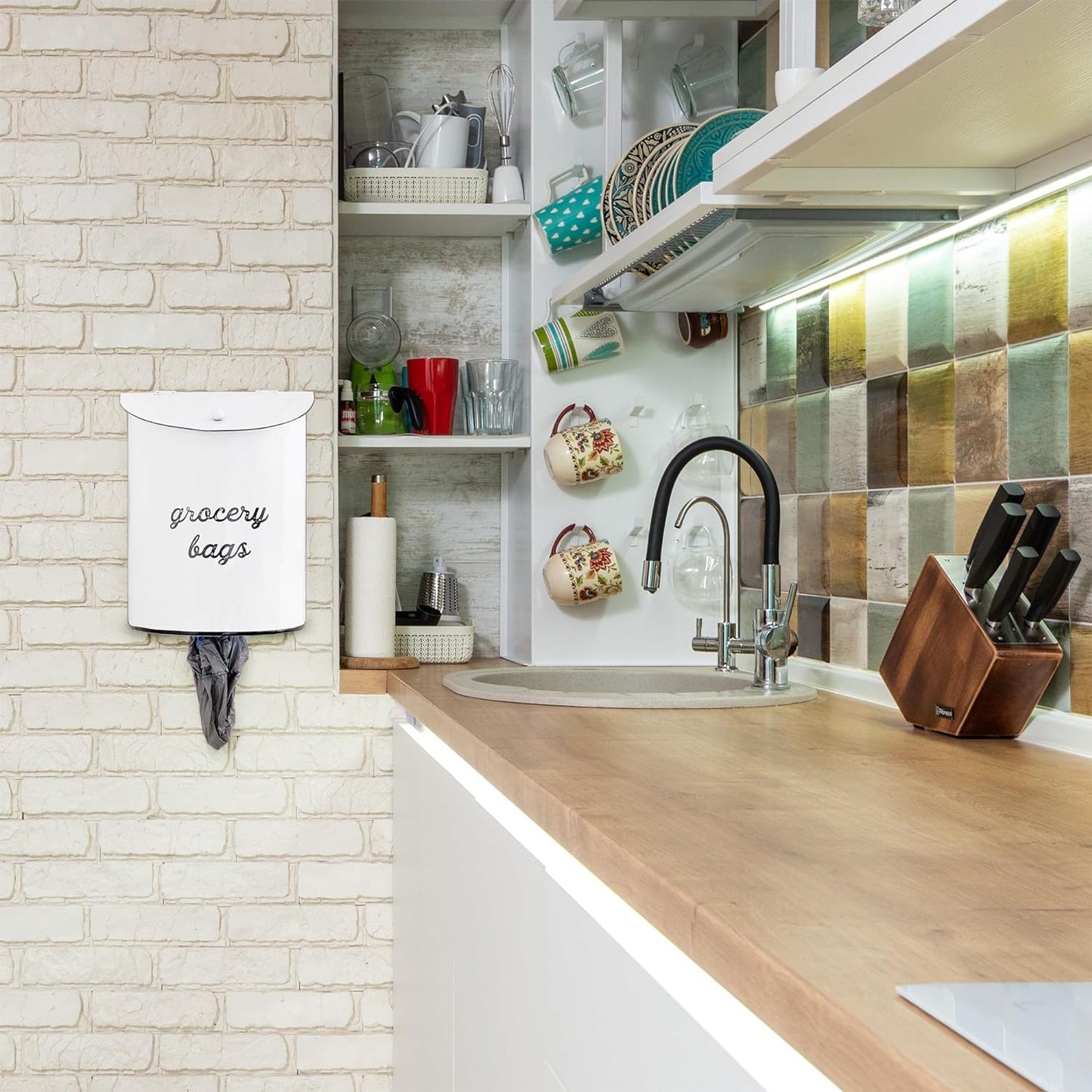 Rustic Grocery Bag Holder; Wall-Mounted Vintage Enamelware Farmhouse Style Plastic Bag Dispenser for Kitchen or Laundry Room