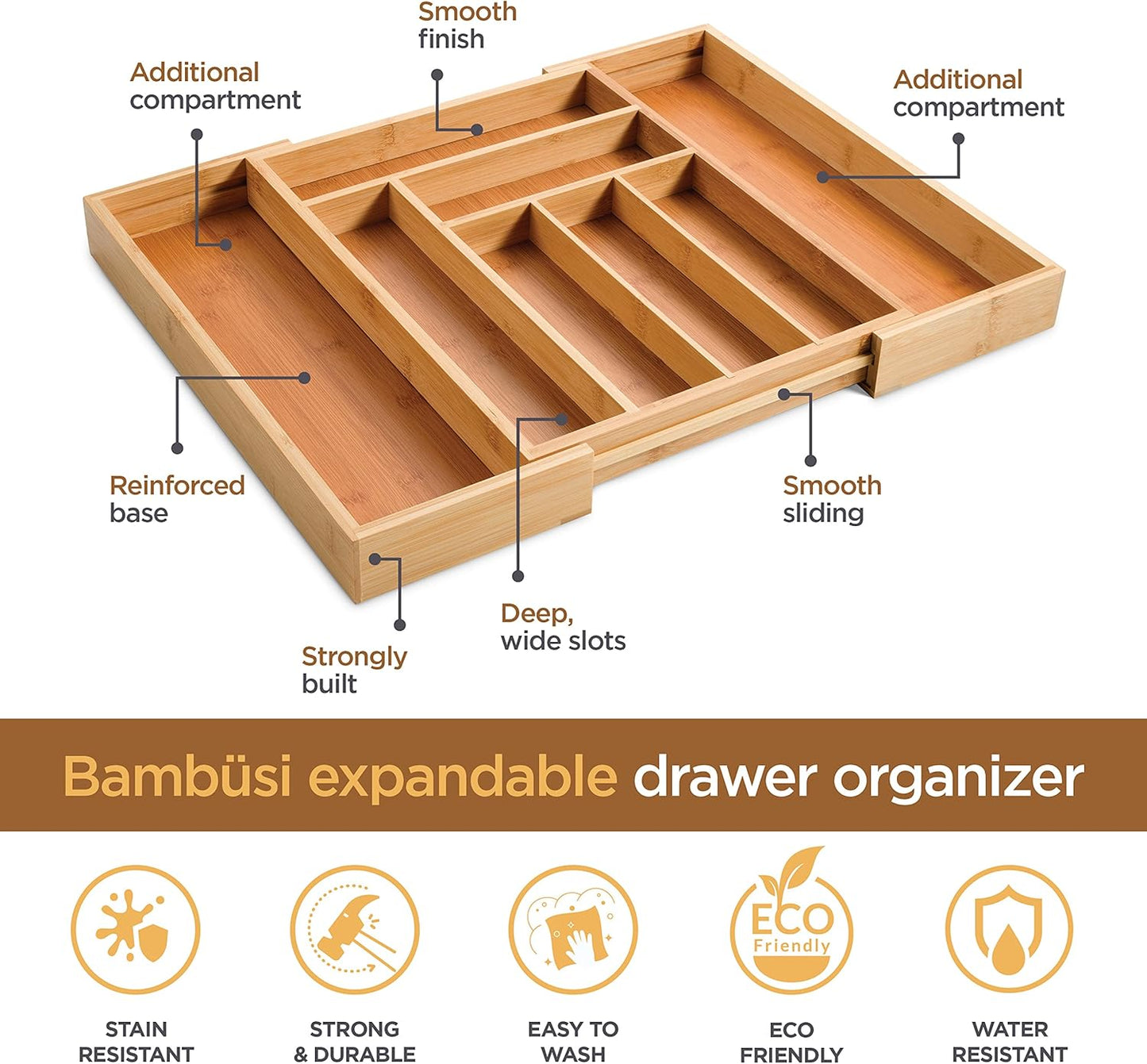 Bamboo Expandable Drawer Organizer for Utensils