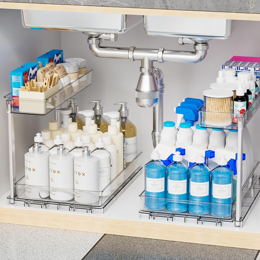 2 Pack 14.5″ Deep Pull Out Under Sink Organizer,10.8″ High 2 Tier Slide Out Cabinet Organizer for Kitchen Cabinet,Undersink Organizers,Under Sink Shelves,Bathroom Organizers and Storage,Clear