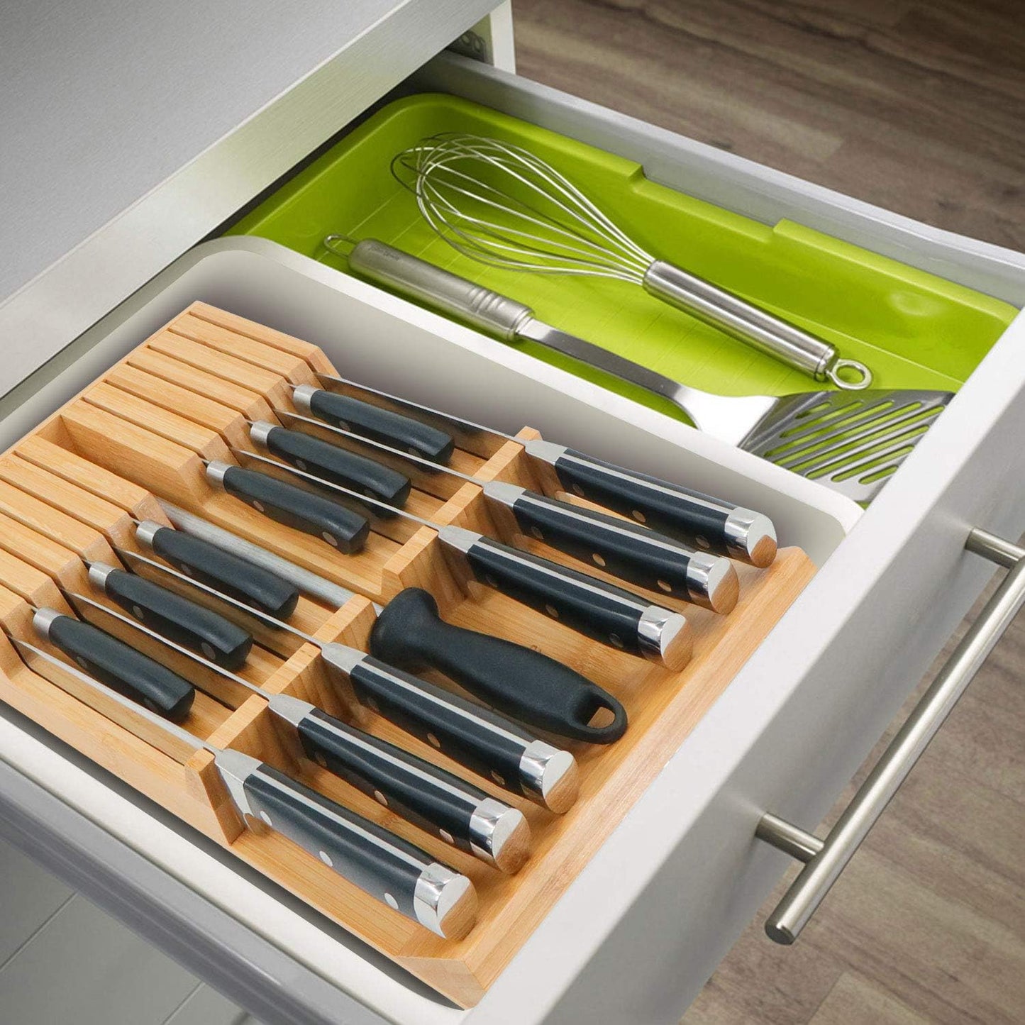 In-Drawer Knife Block Bamboo Kitchen Knife Drawer Organizer