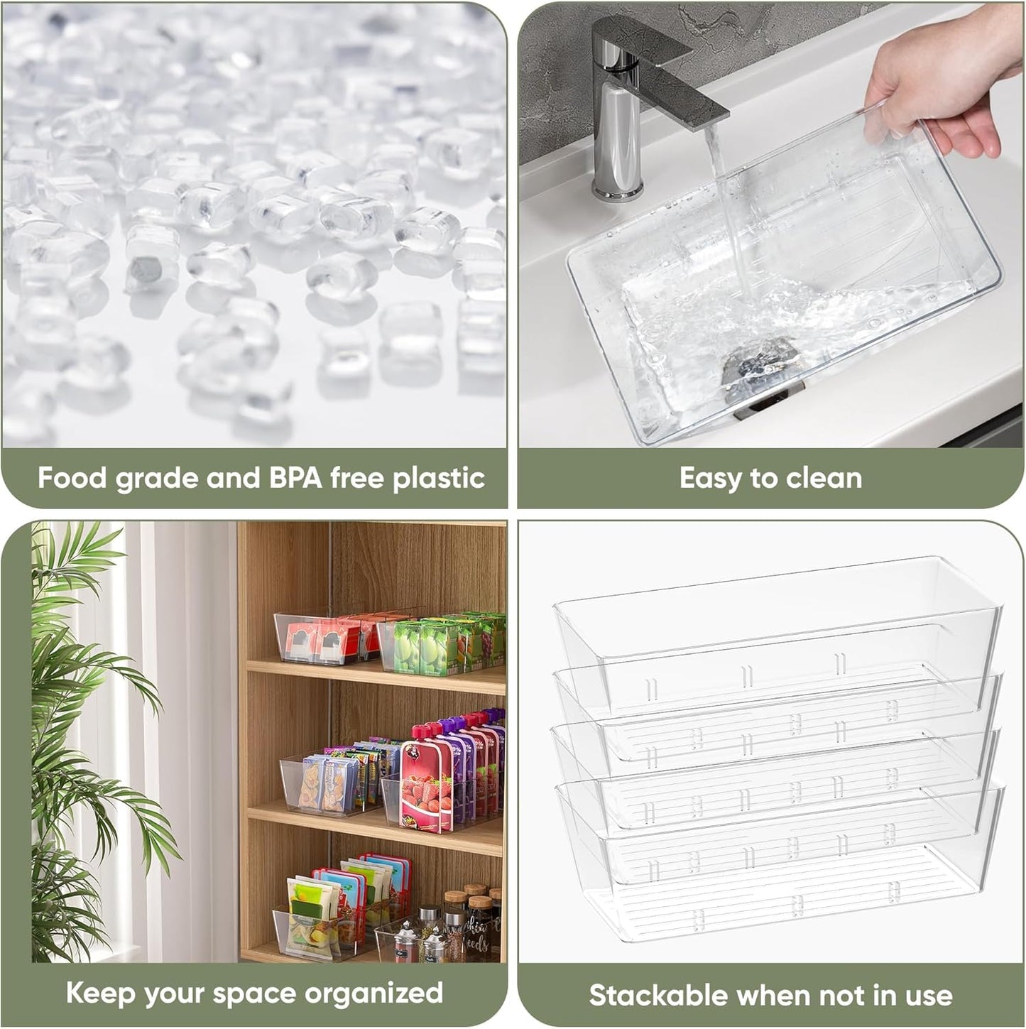 Clear Plastic Storage Bins with 3 Removable Dividers, Pantry Organization