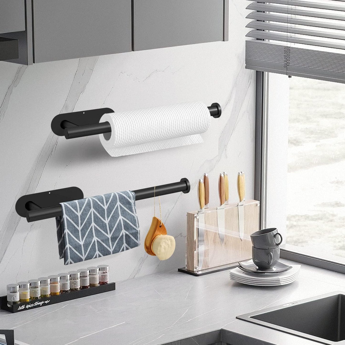 Paper Towel Holder Under Cabinet Wall Mount for Kitchen Towel, Self-Adhesive Bar, Rack