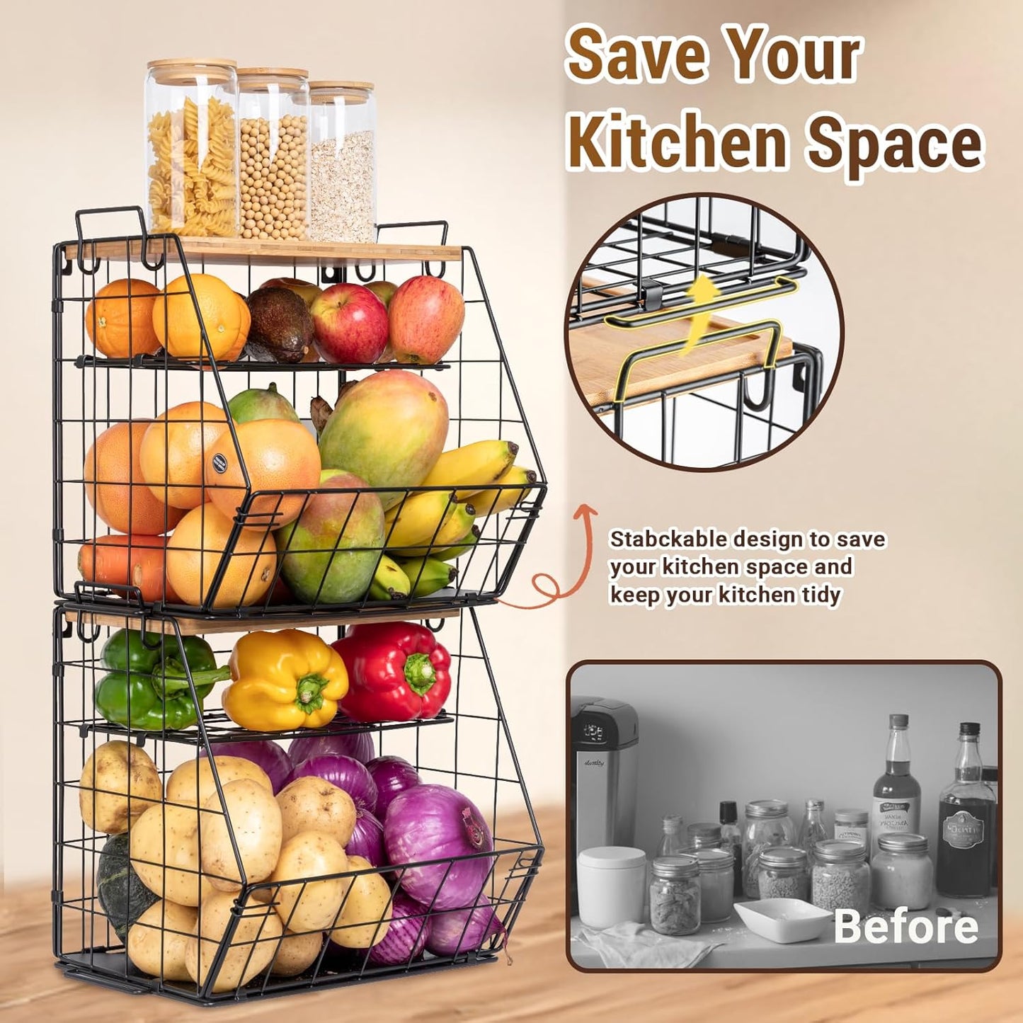 3 Tier Fruit Basket for Kitchen with Bamboo Cutting Board