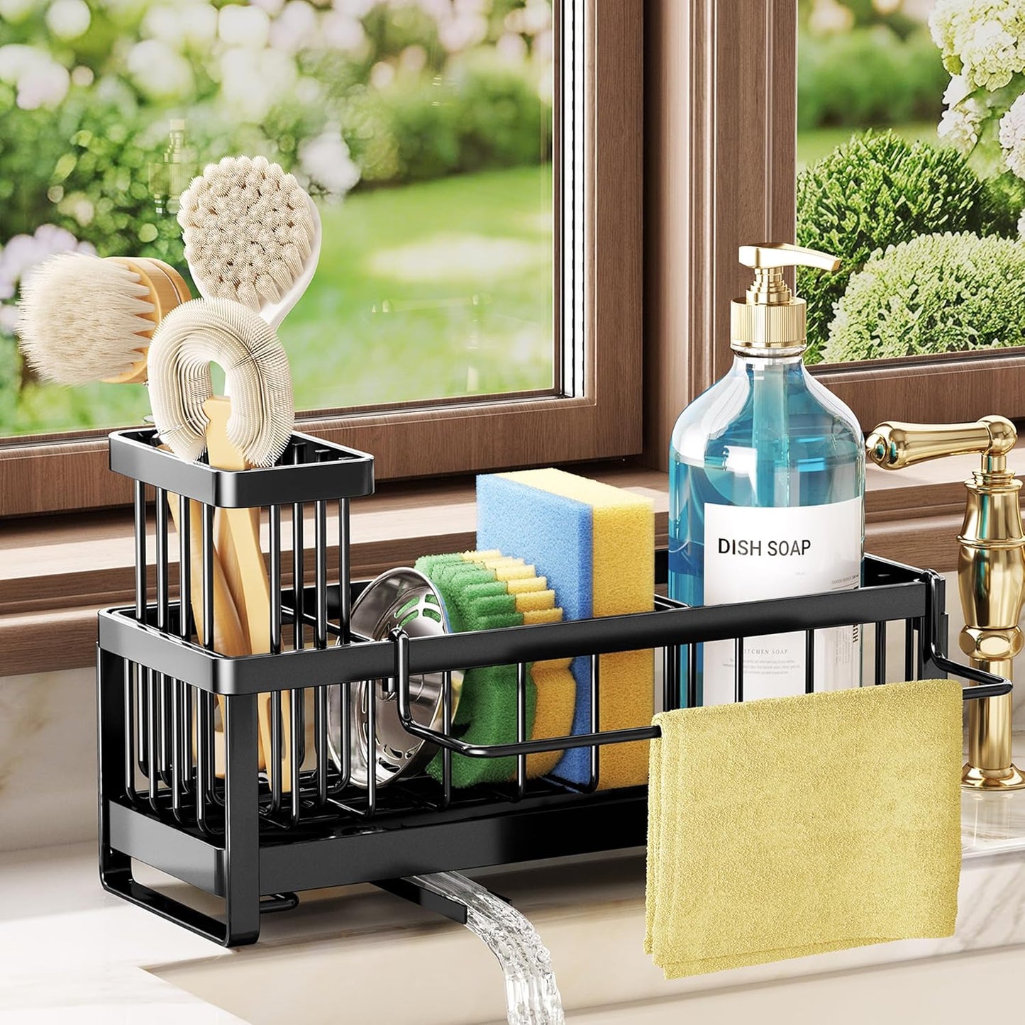 Sponge Holder for Kitchen Sink - Sink Caddy with Brush Holder Self-draining Sponge Caddy Organizer with Divider Stainless Steel Kitchen Accessories Storage for Countertop, Black
