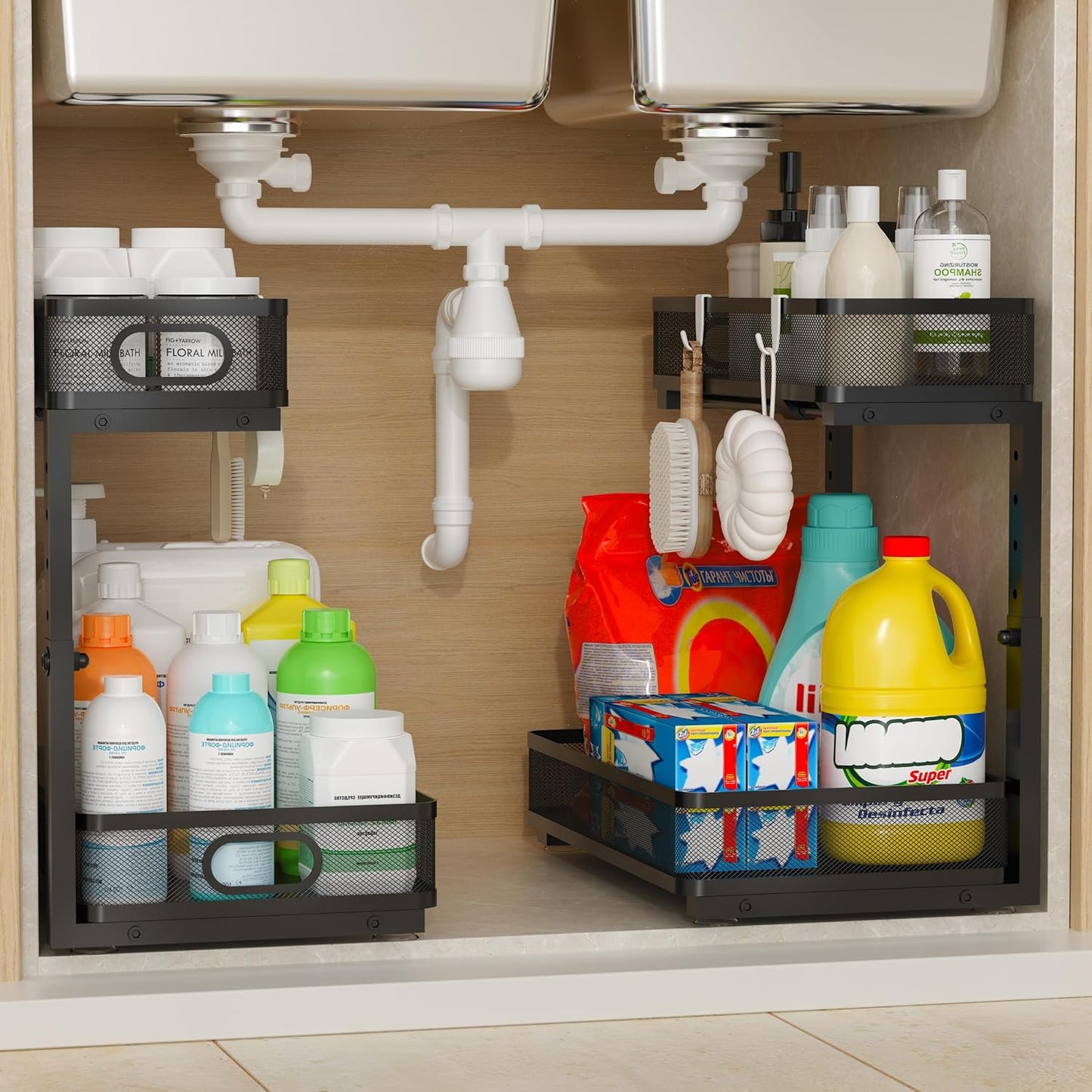 Under Sink Organizer 2 Pack, 2-Tier Slide Out Cabinet Organizer with Metal Sliding Drawer and Hooks, Pull Out Storage Baskets for Kitchen Bathroom Pantry Cabinet Organization (black)
