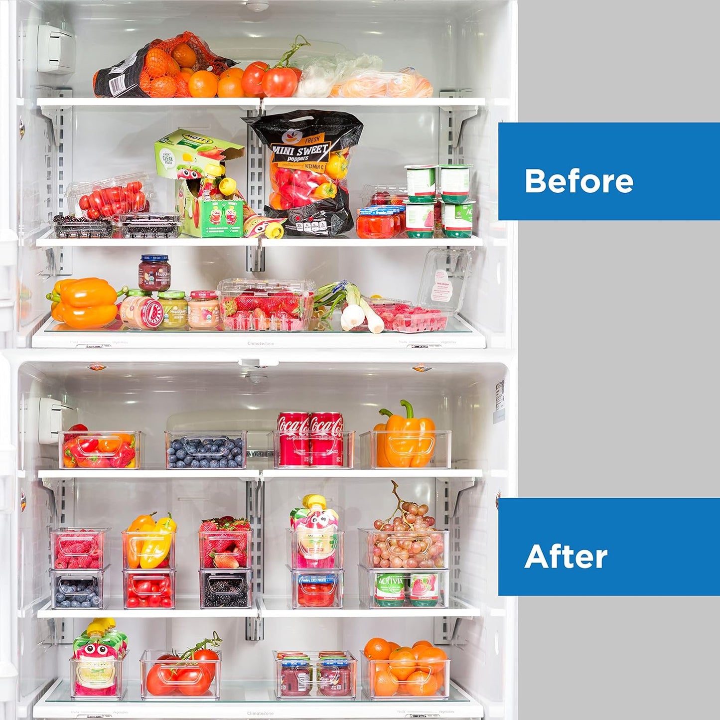 Set Of 6 Refrigerator Organizer Bins - Stackable Fridge Organizers with Cutout Handles for Freezer
