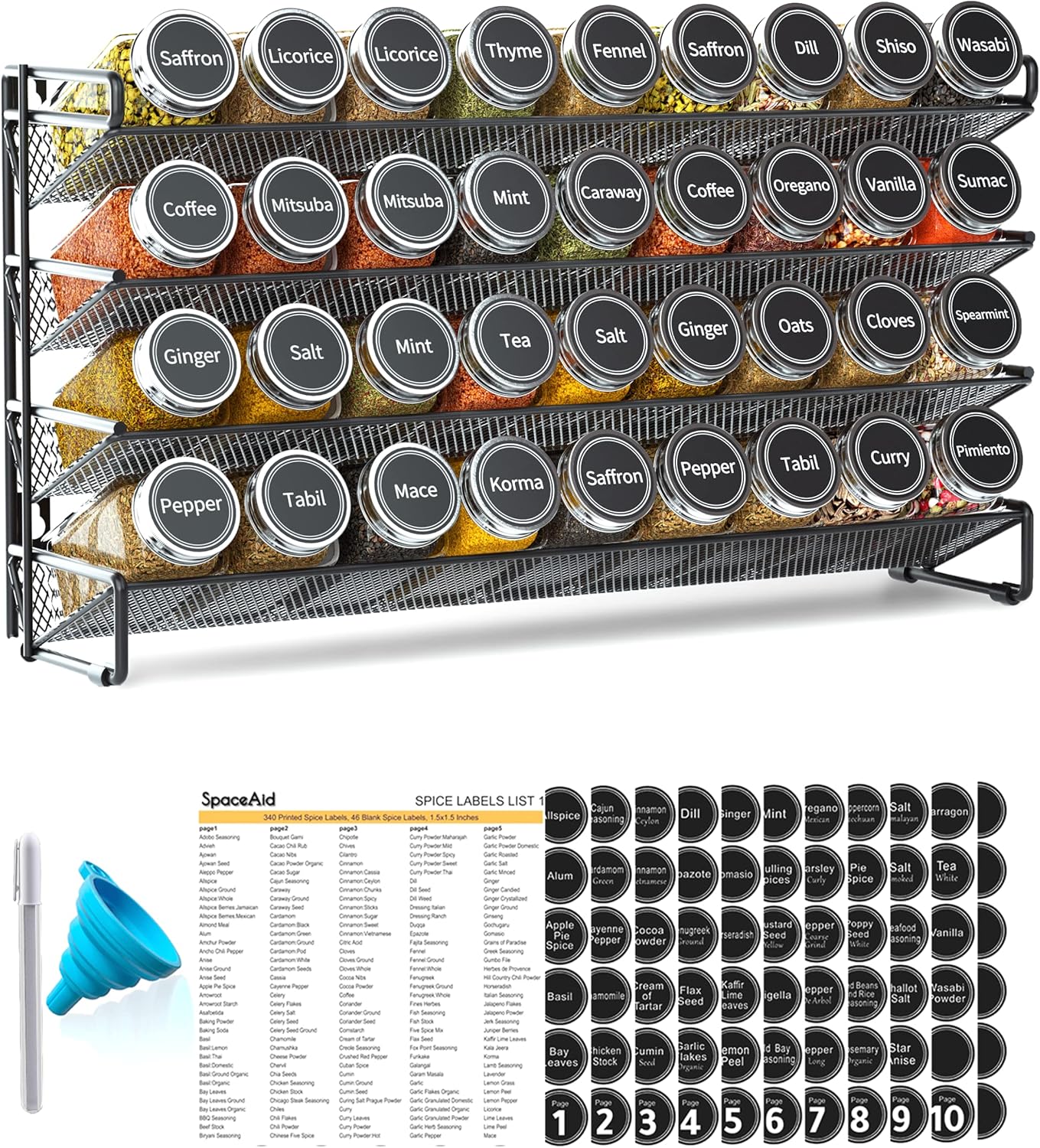 Spice Rack Organizer with 36 Spice Jars, 386 Spice Labels, Chalk Marker and Funnel Set for Cabinet