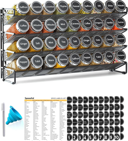 Spice Rack Organizer with 36 Spice Jars, 386 Spice Labels, Chalk Marker and Funnel Set for Cabinet