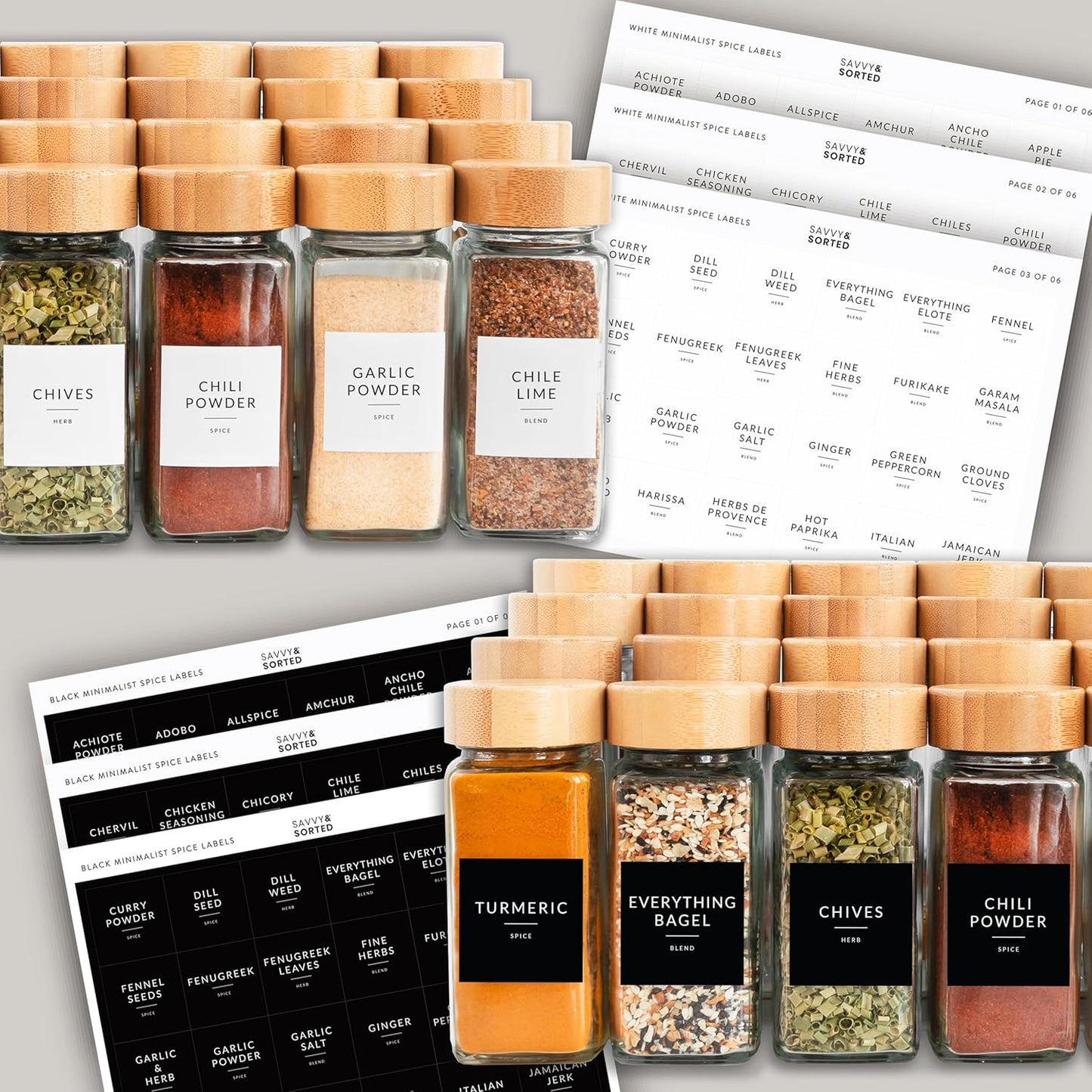 Glass Spice Jars with Label, 24PK Bamboo Jar Spices Set 4oz, 374 Spice Labels, Pepper Grinder