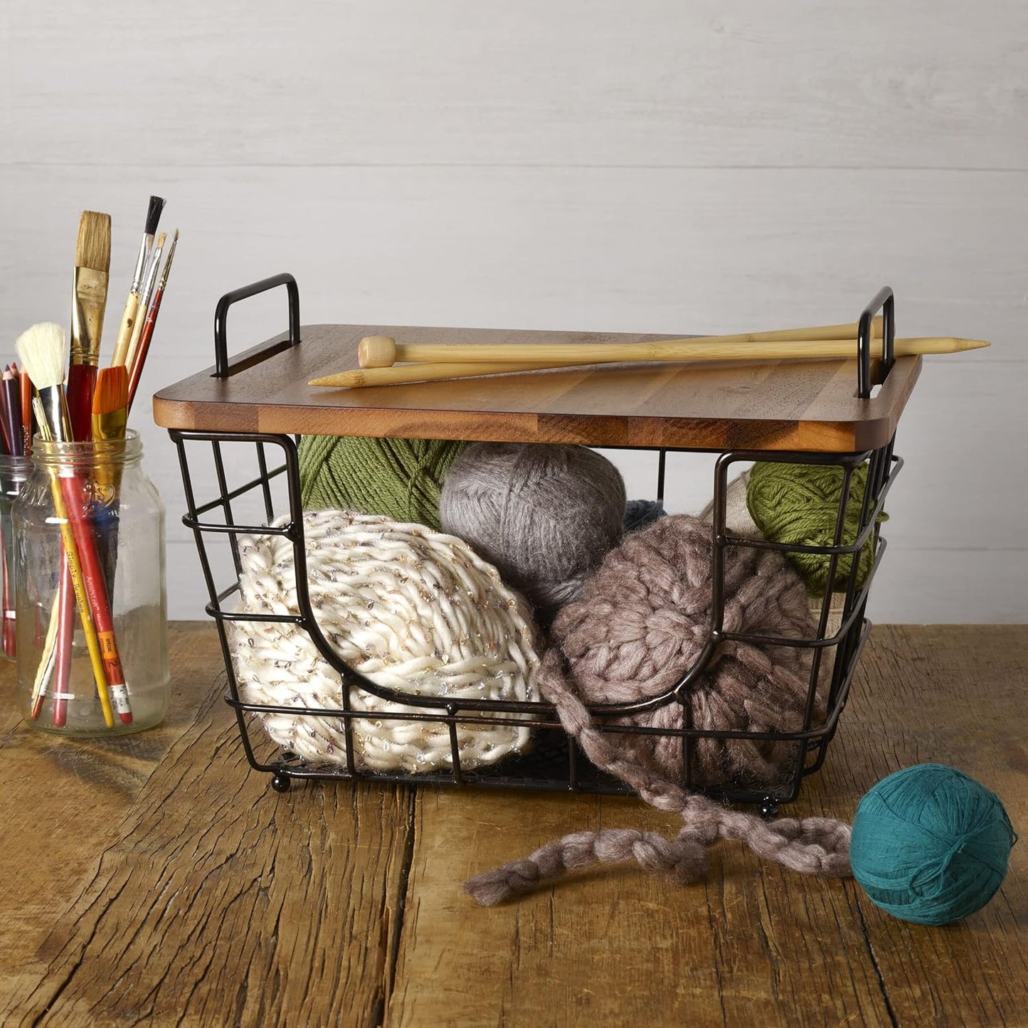 Madam Metal Stacking Nesting Rectangular Basket with Acacia Wood Lid, Space Saving Kitchen