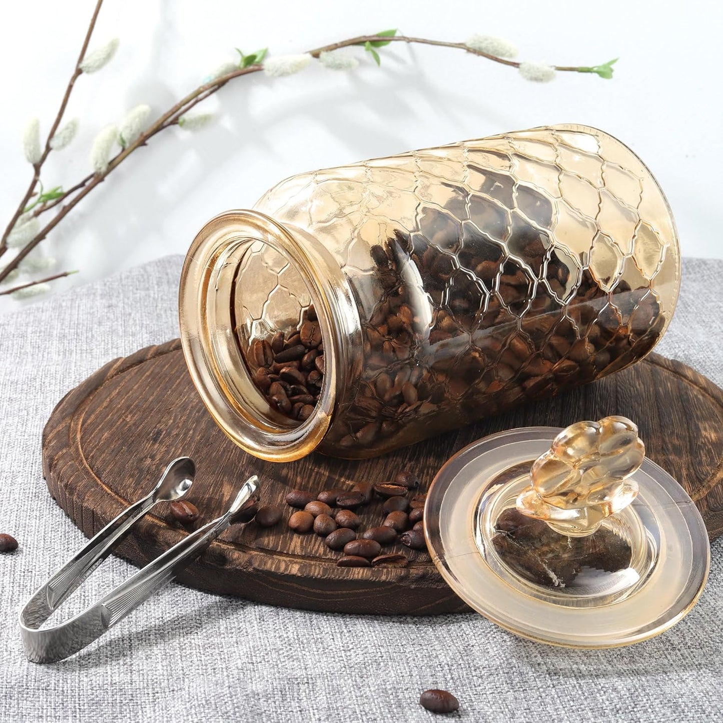 45 oz Amber Glass Storage Jar with Airtight Glass Lids, Vintage Embossed Food Container