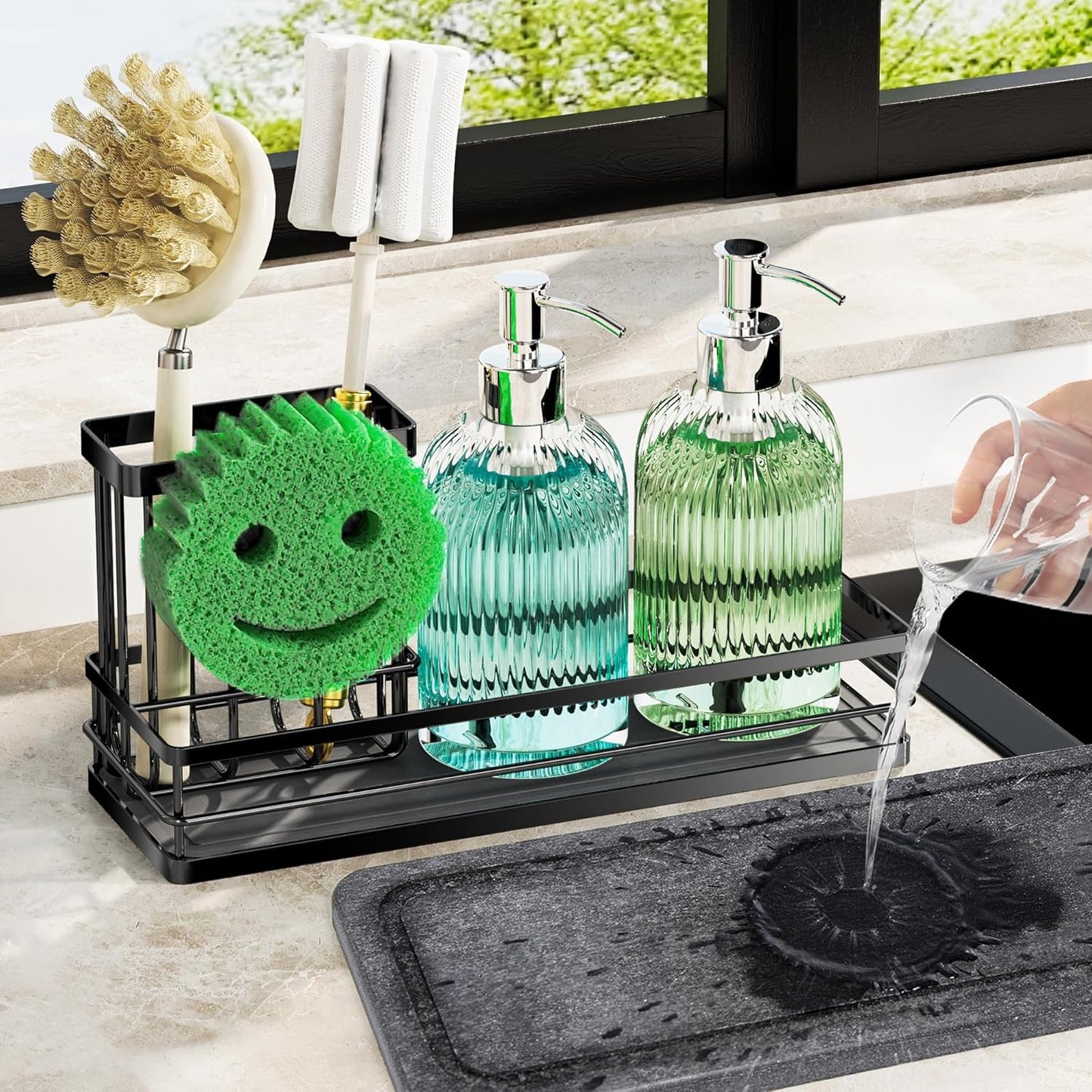 Sink Caddy Organizer with Water Absorbing Stone Tray, Instant Dry Sponge Holder Smiley Face