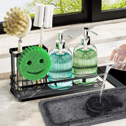 Sink Caddy Organizer with Water Absorbing Stone Tray, Instant Dry Sponge Holder Smiley Face