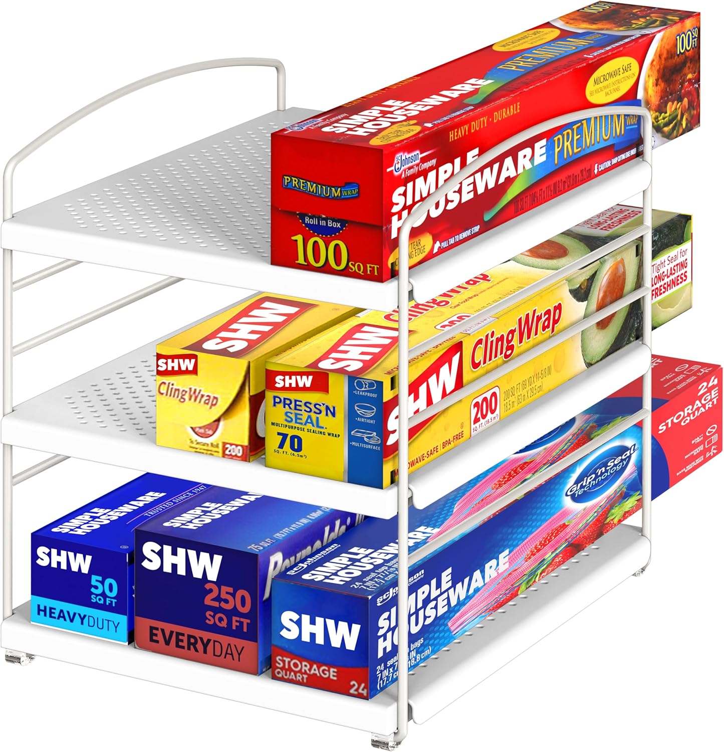 Kitchen Wrap Organizer Storage Height Adjustable Rack, White