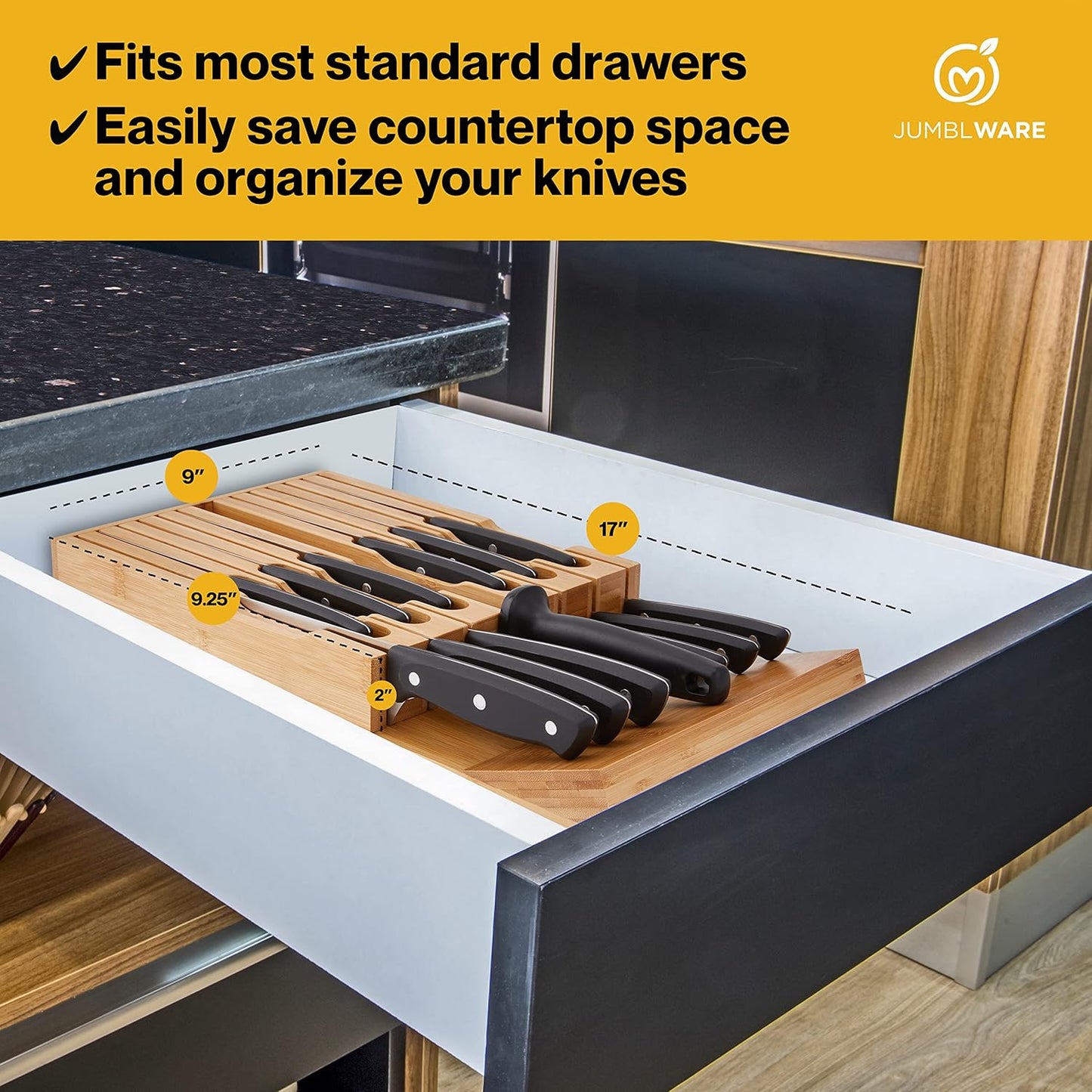 Bamboo In-Drawer Knife Block Wooden Organizer & Cutlery Holder Insert for Inside Drawer