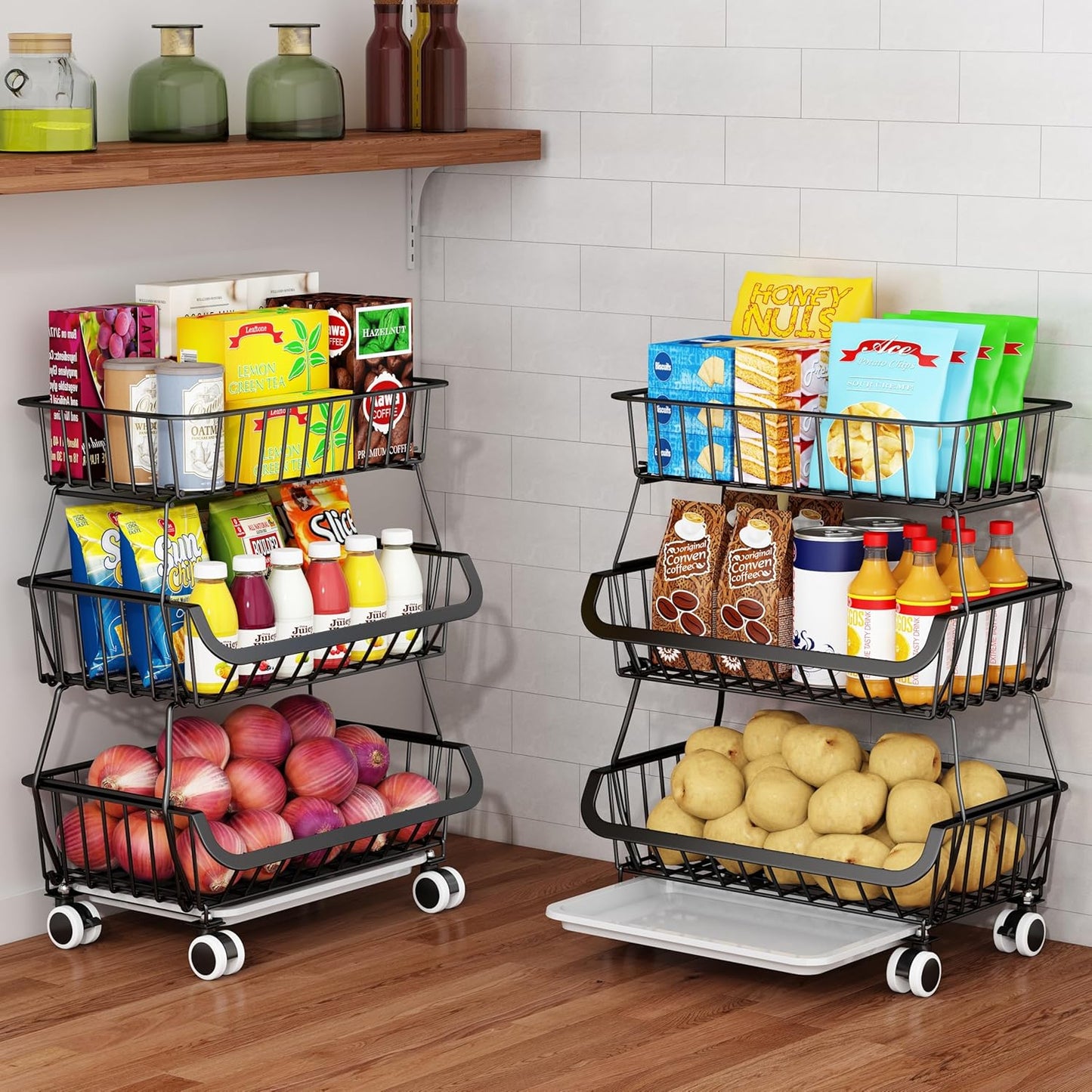 3-Tier Rolling Pantry Floor Organizer, Stackable Pantry Storage Cart with Wheels