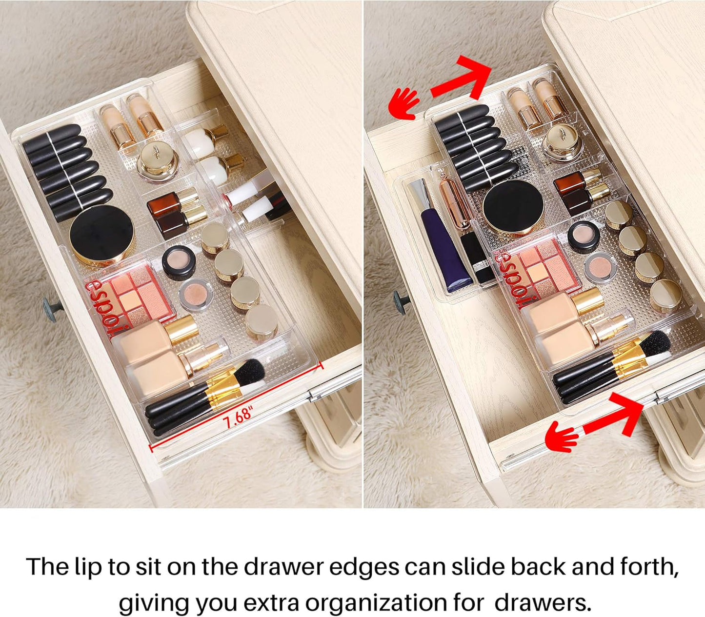 Expandable Drawer Organizer 11.1” to 19.2” Width, Shallow Cosmetic Organizer 1.3” Height, 4 Packs