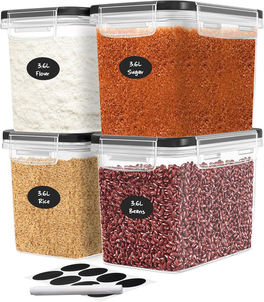 Flour Sugar Storage Containers Set of 4; 3.6L Plastic Airtight Food Storage Containers with Lids for Kitchen Pantry Organization and Storage - Dry Food Containers, Labels & Marker