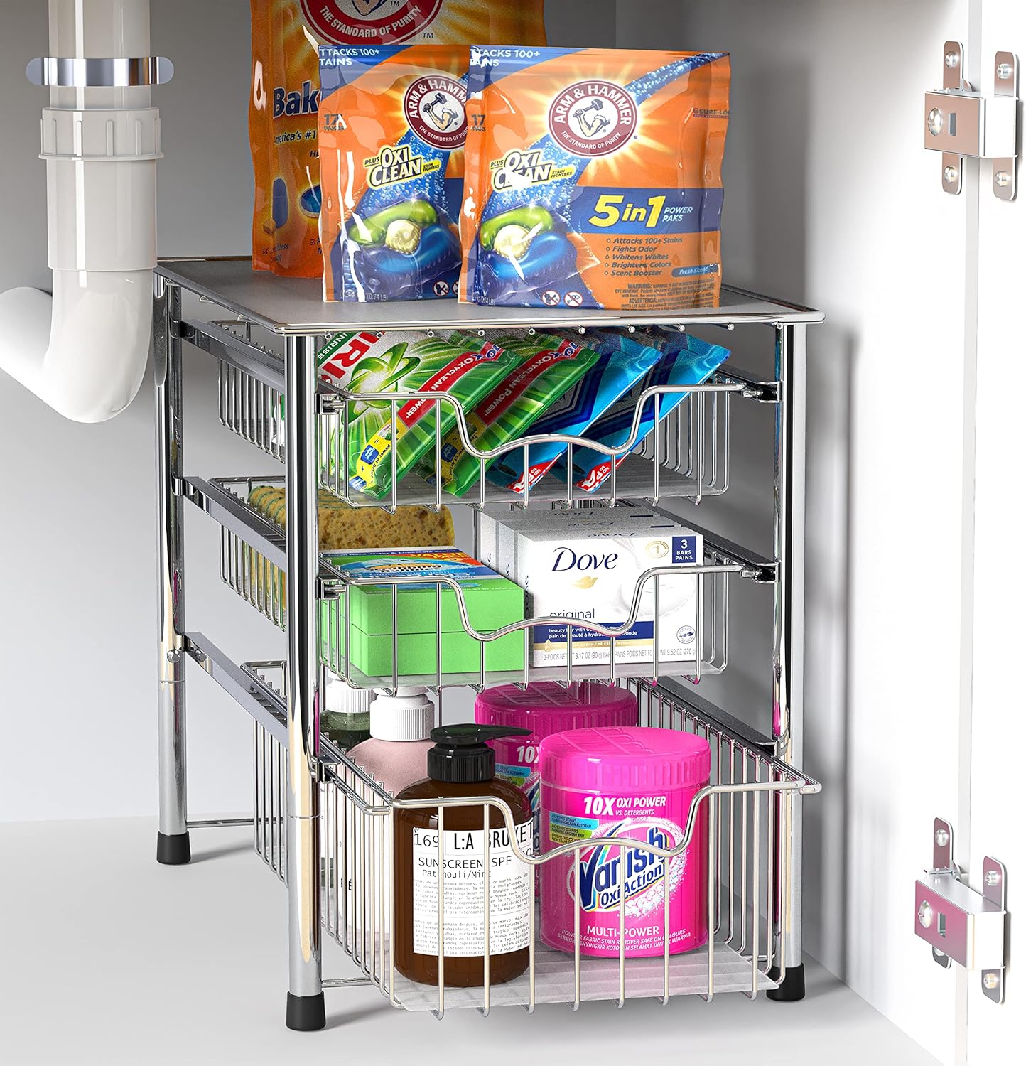 Stackable 3 Tier Sliding Basket Organizer Drawer, Chrome